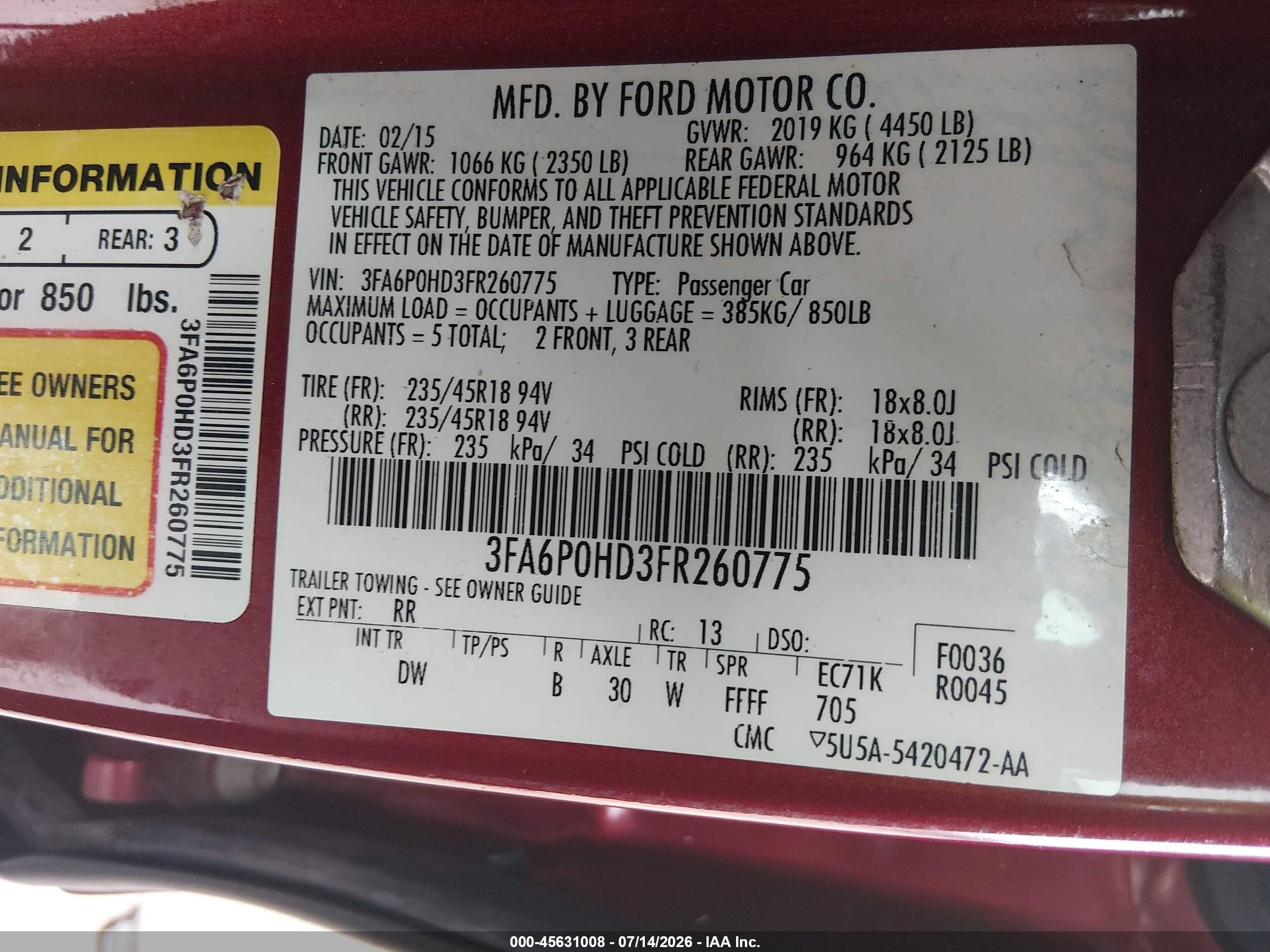 2015 Ford Fusion Se Red vin: 3FA6P0HD3FR260775