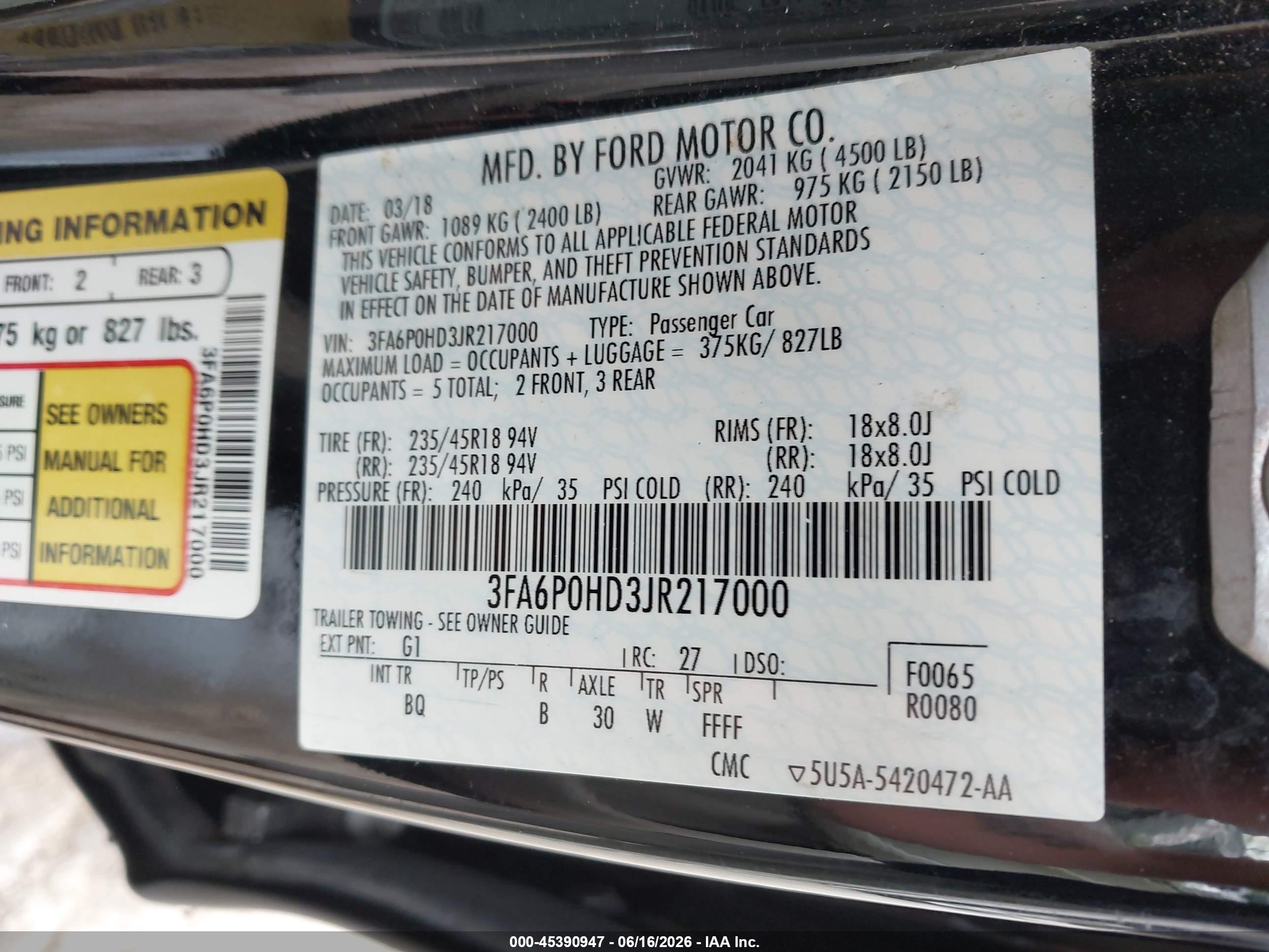 2018 Ford Fusion Se Black vin: 3FA6P0HD3JR217000