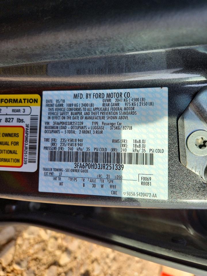 2018 Ford Fusion Se Gray vin: 3FA6P0HD3JR251339