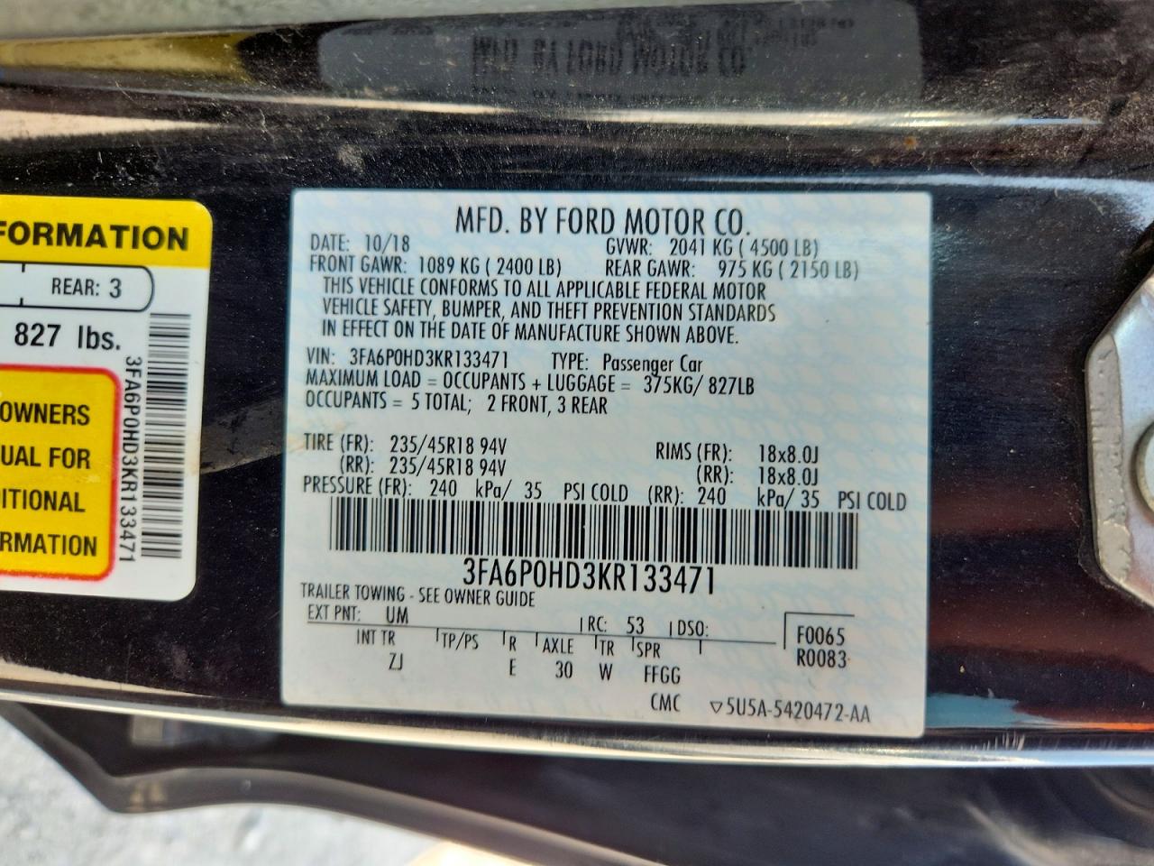 2019 Ford Fusion Se Black vin: 3FA6P0HD3KR133471