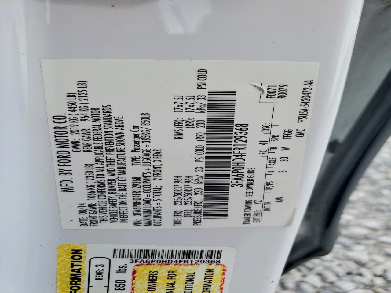 2015 Ford Fusion Se White vin: 3FA6P0HD4FR129368