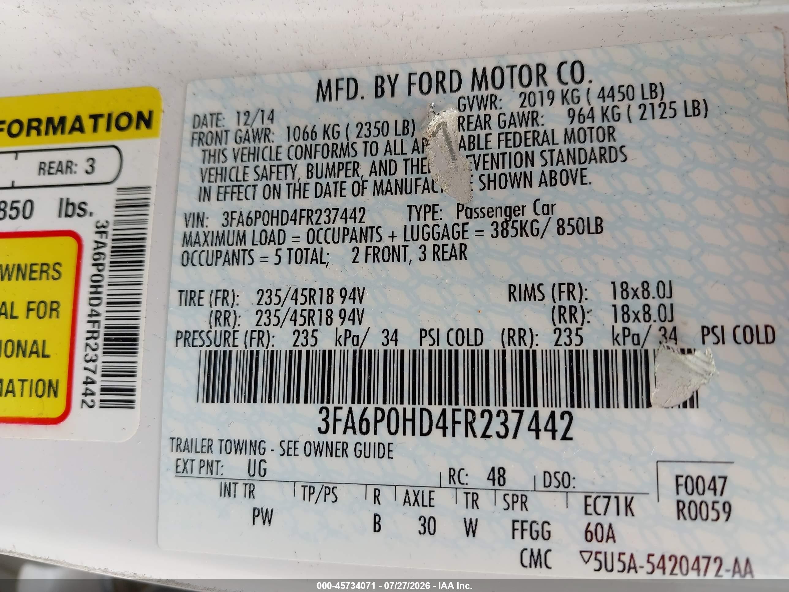 2015 Ford Fusion Se White vin: 3FA6P0HD4FR237442