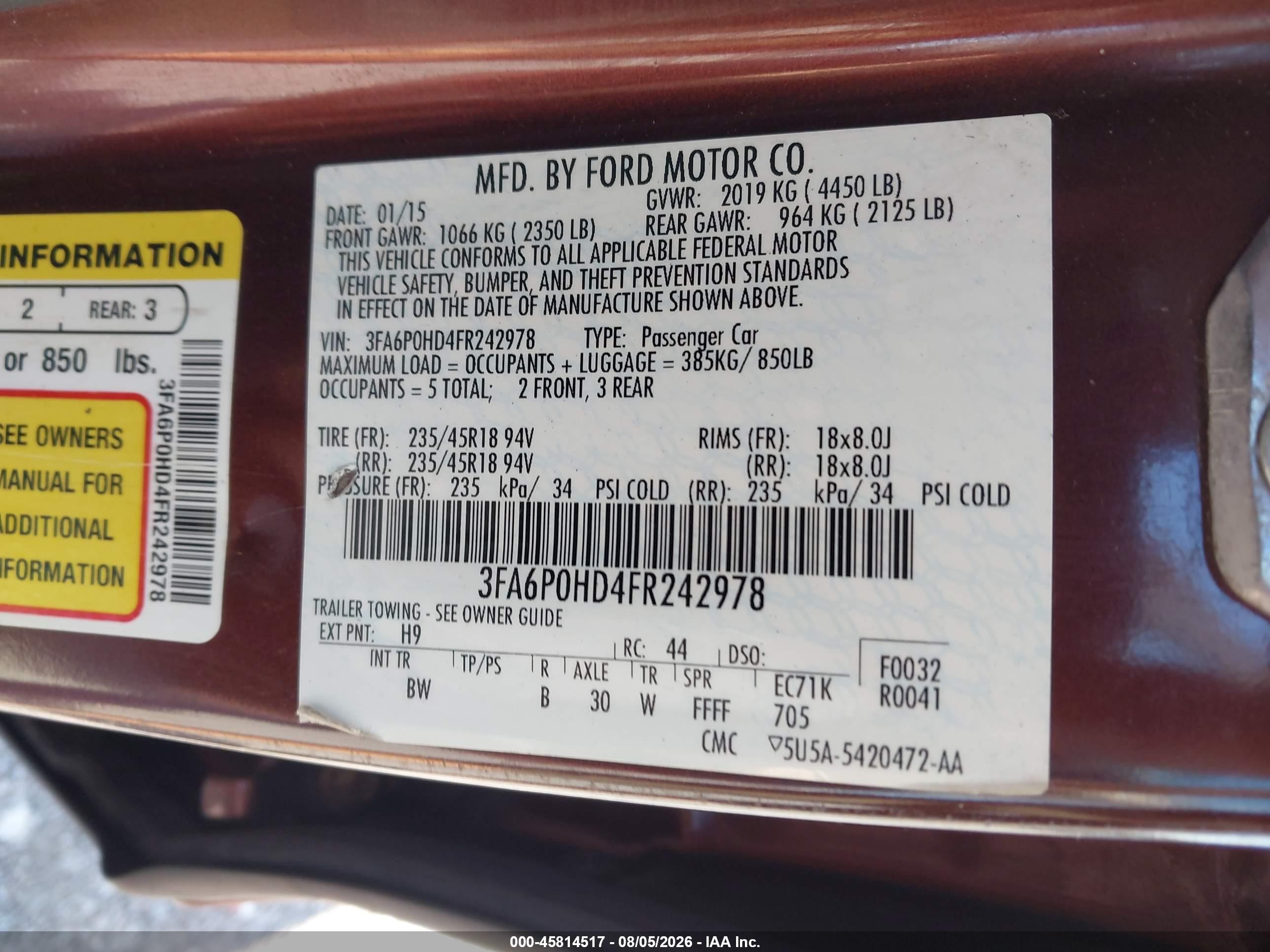 2015 Ford Fusion Se Burgundy vin: 3FA6P0HD4FR242978