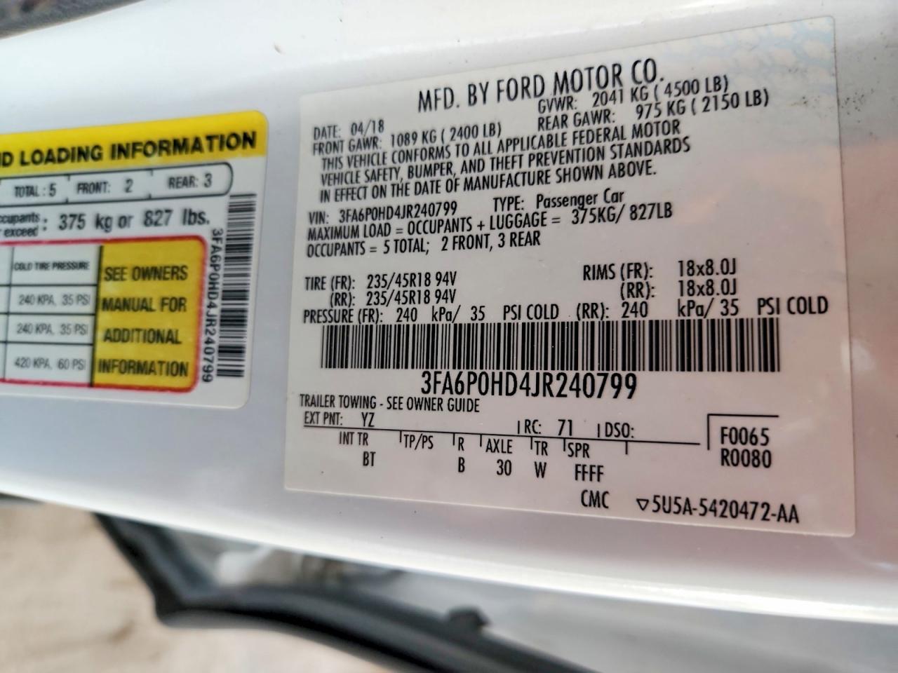 2018 Ford Fusion Se White vin: 3FA6P0HD4JR240799