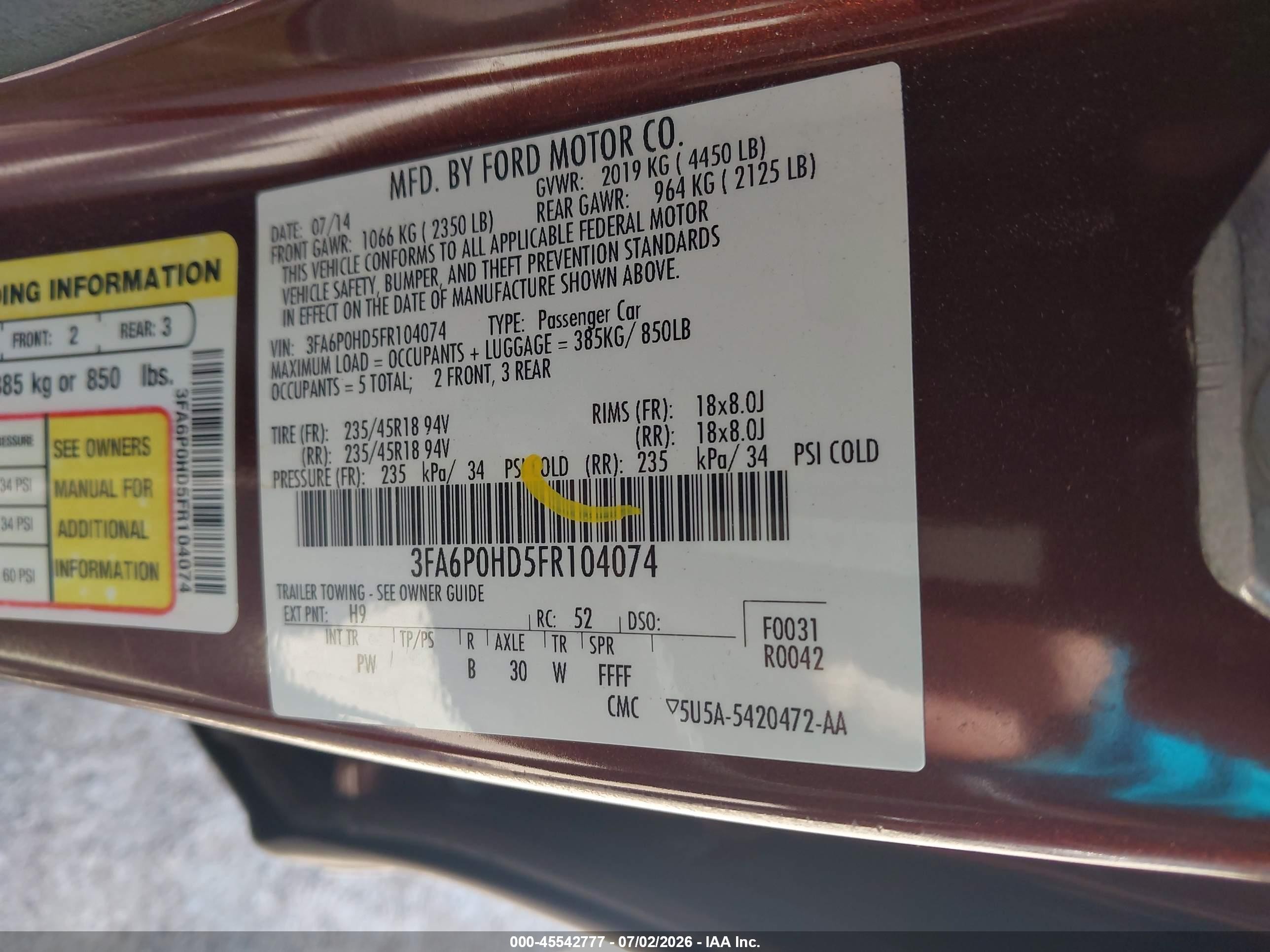 2015 Ford Fusion Se Burgundy vin: 3FA6P0HD5FR104074
