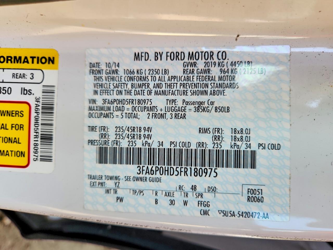 2015 Ford Fusion Se White vin: 3FA6P0HD5FR180975