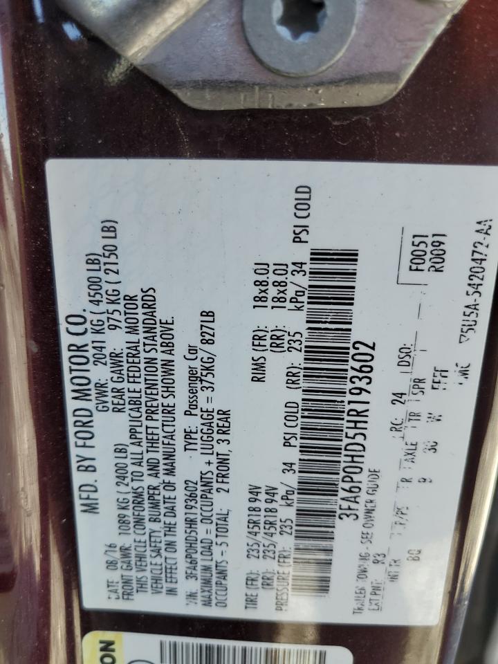 2017 Ford Fusion Se Maroon vin: 3FA6P0HD5HR193602