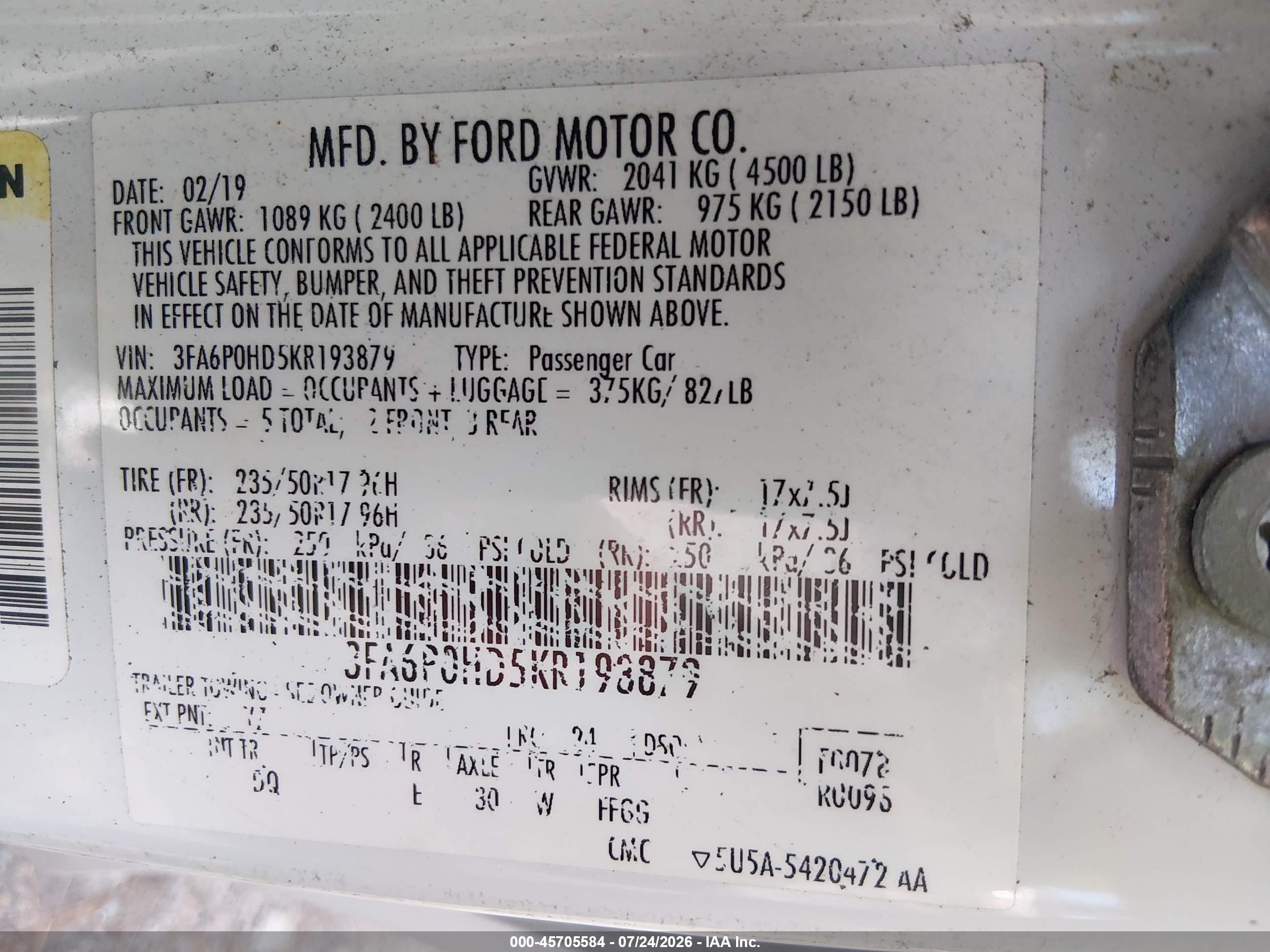 2019 Ford Fusion Se White vin: 3FA6P0HD5KR193879