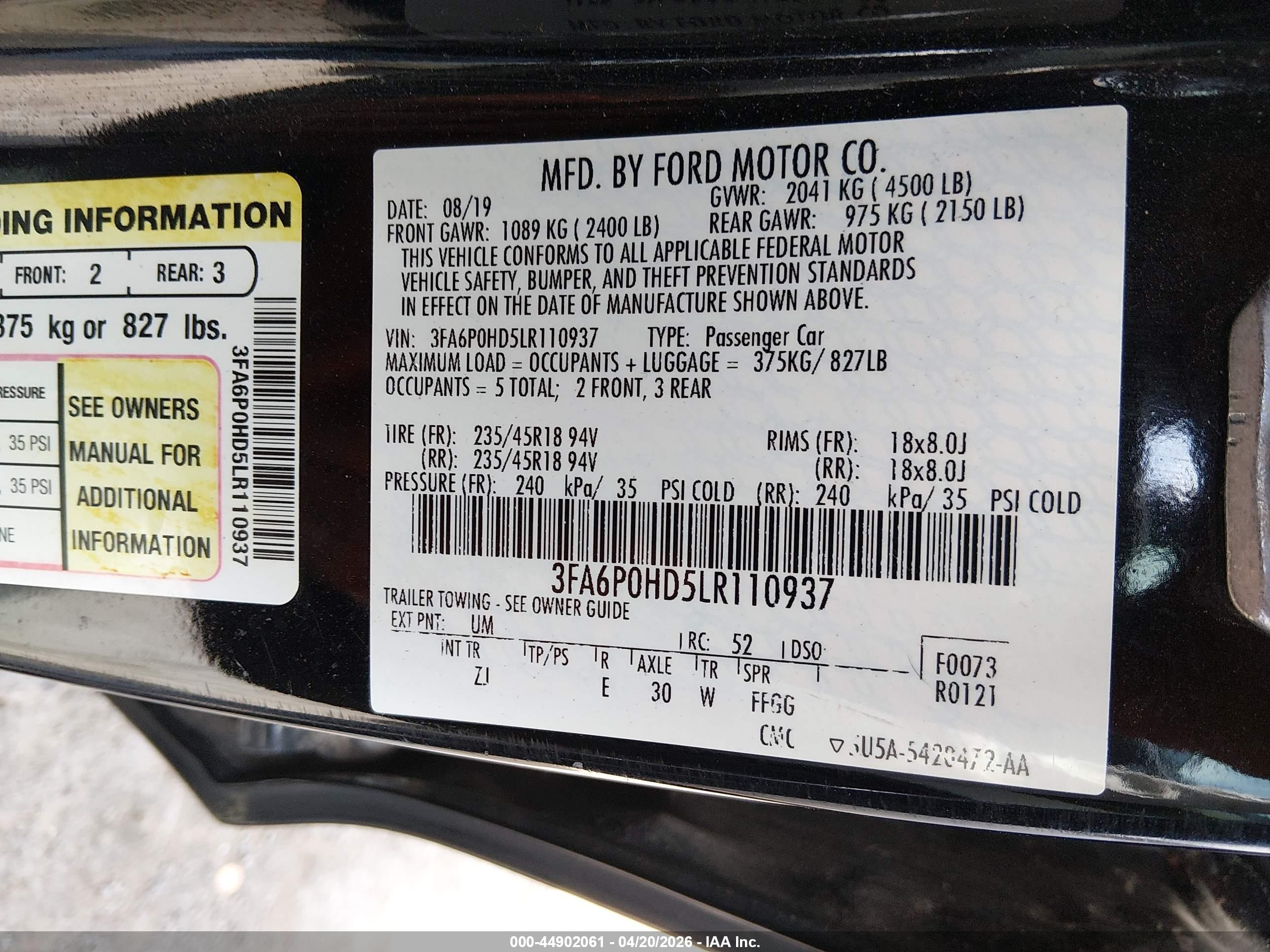 2020 Ford Fusion Se Black vin: 3FA6P0HD5LR110937