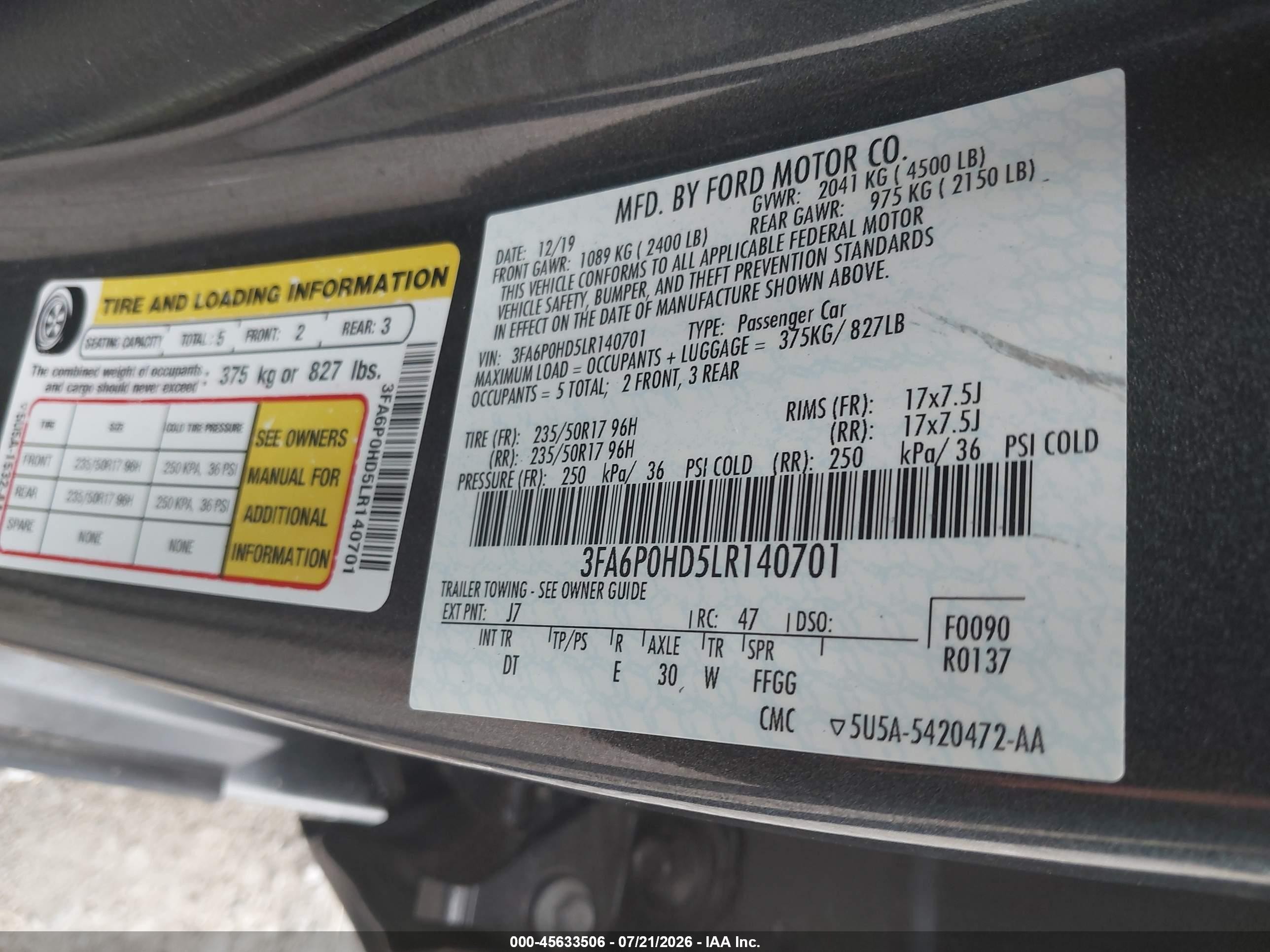 2020 Ford Fusion Se Серый vin: 3FA6P0HD5LR140701