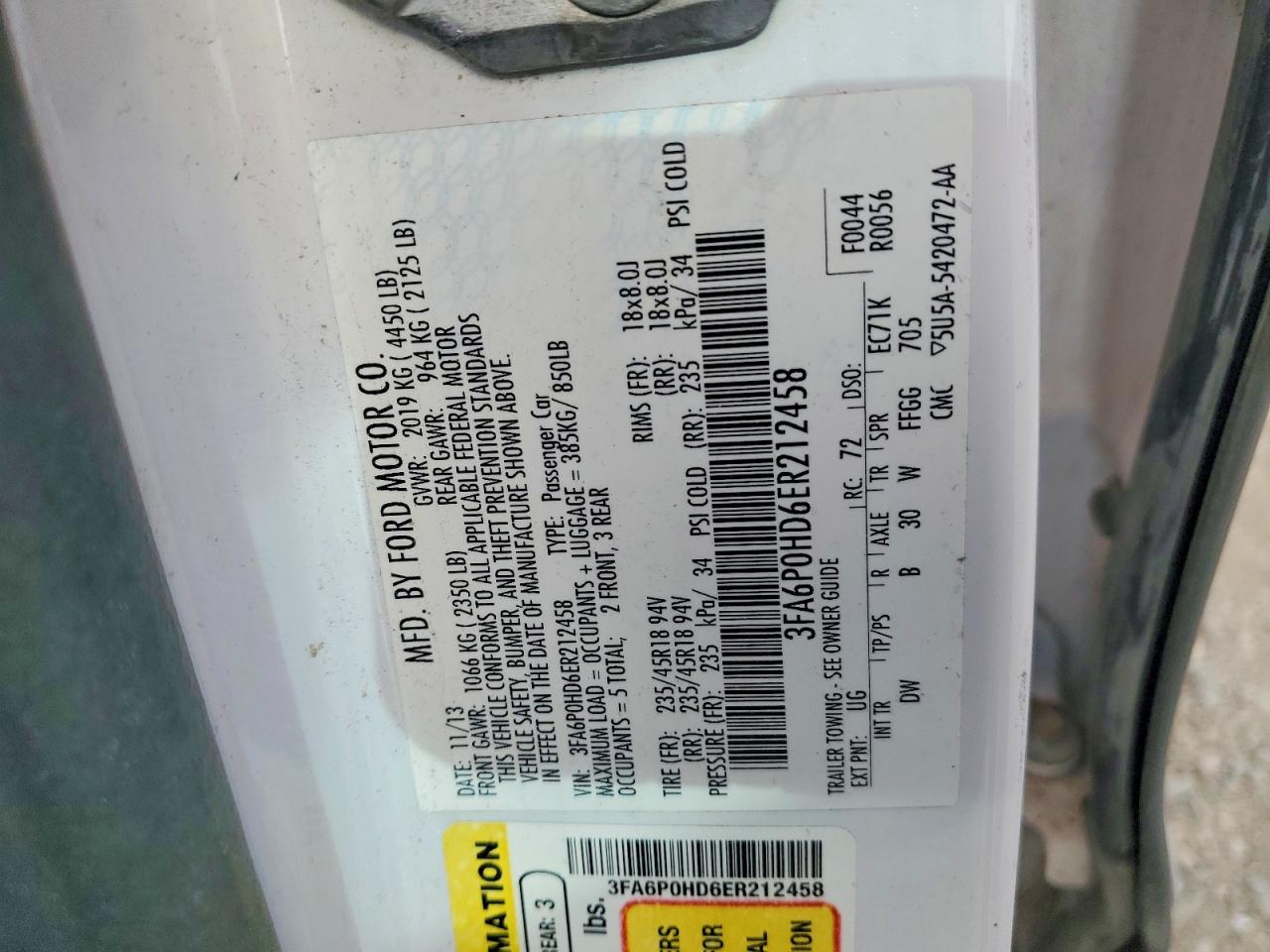 2014 Ford Fusion Se White vin: 3FA6P0HD6ER212458