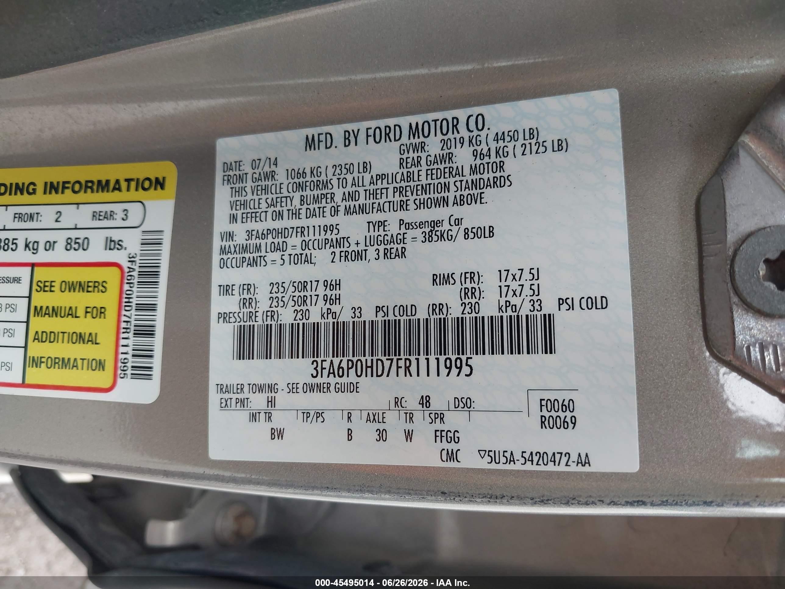 2015 Ford Fusion Se Beige vin: 3FA6P0HD7FR111995