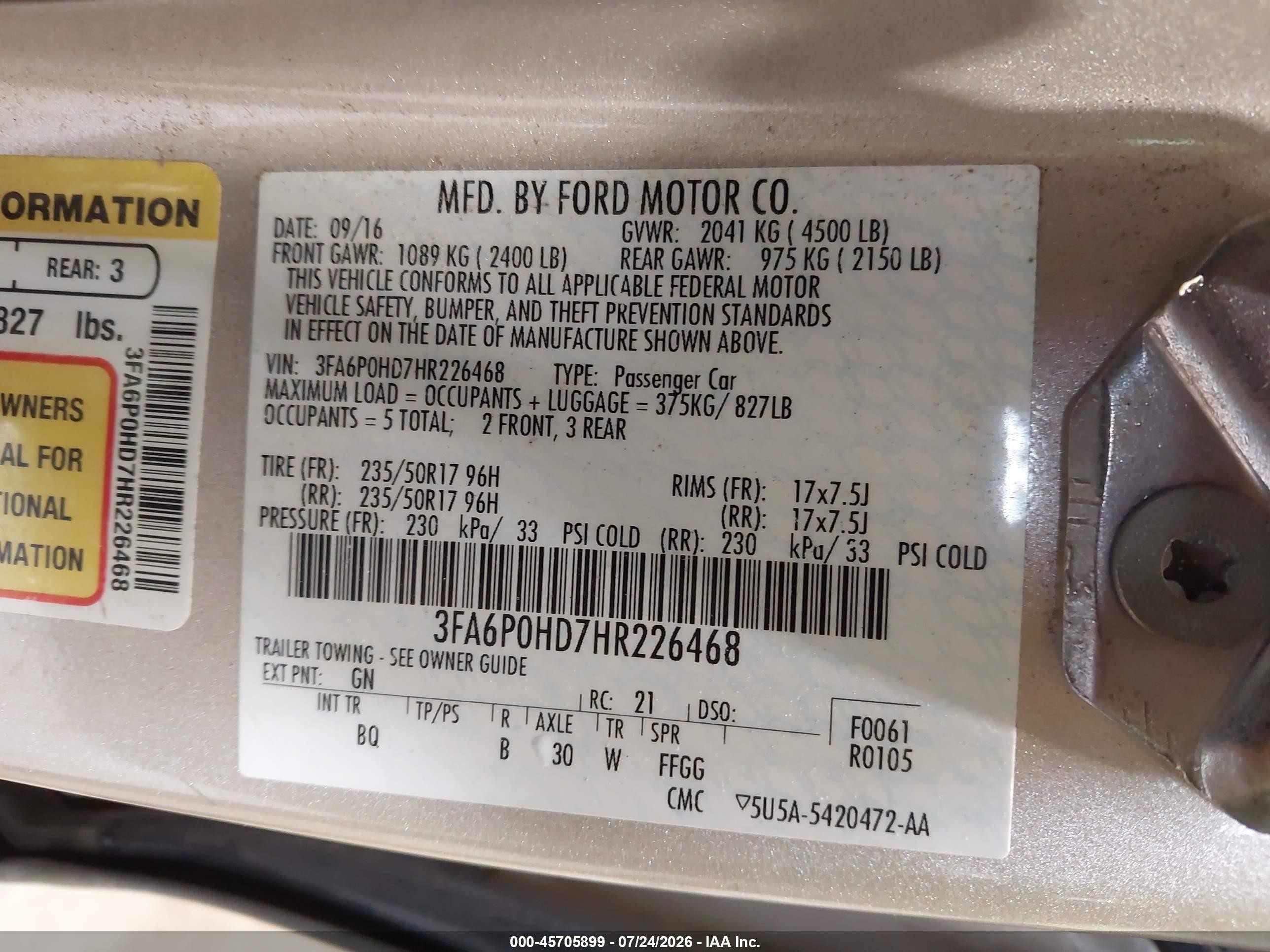 2017 Ford Fusion Se Gold vin: 3FA6P0HD7HR226468