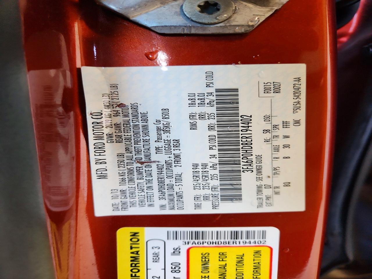 2014 Ford Fusion Se Red vin: 3FA6P0HD8ER194402