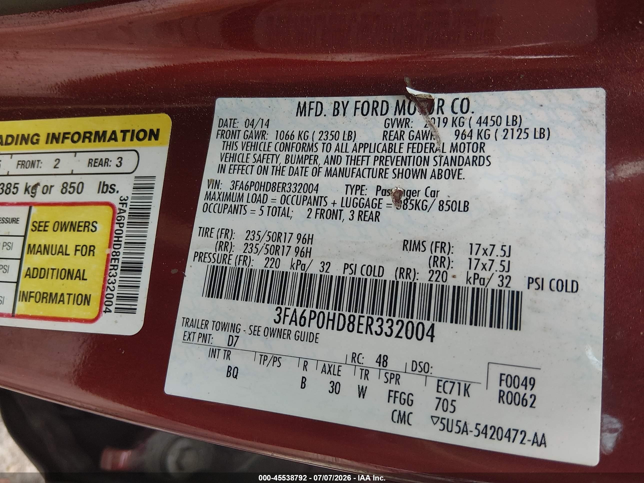 2014 Ford Fusion Se Burgundy vin: 3FA6P0HD8ER332004