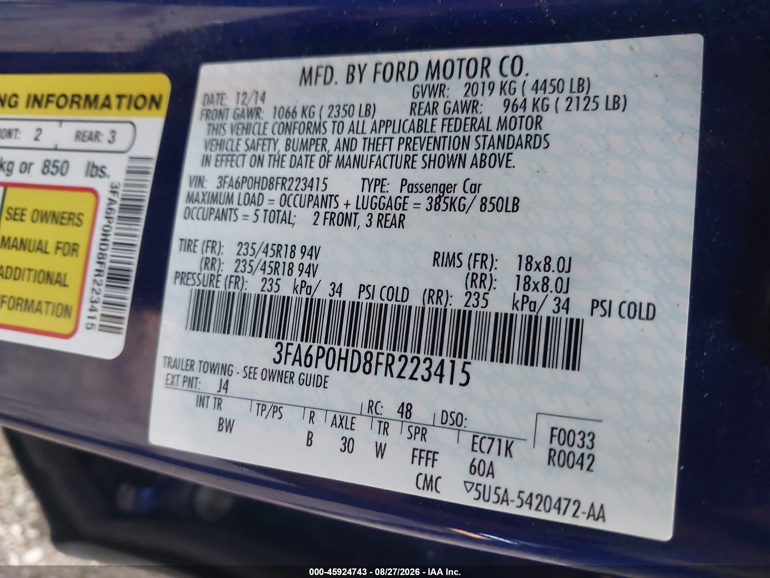2015 Ford Fusion Se Blue vin: 3FA6P0HD8FR223415