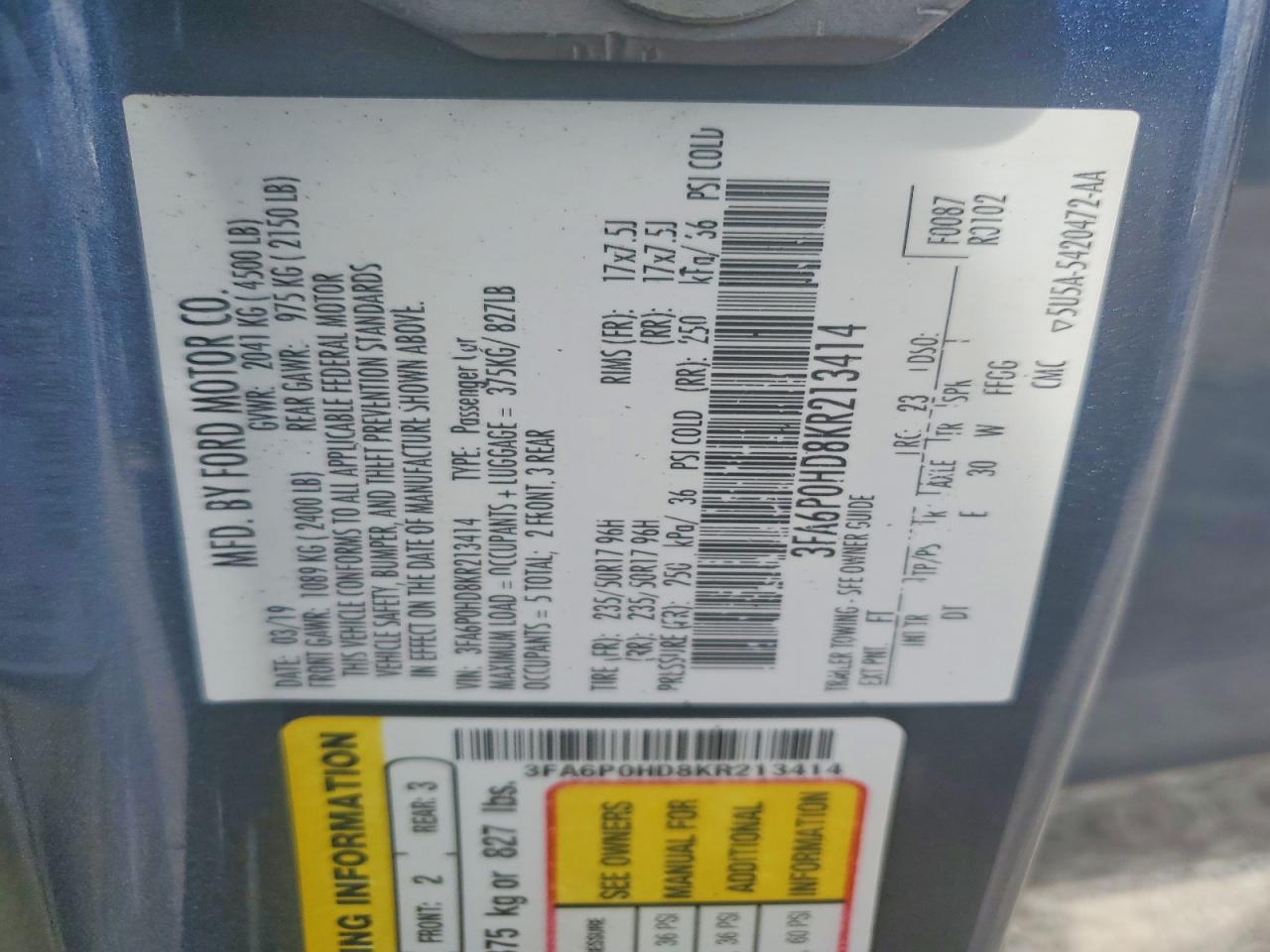 2019 Ford Fusion Se Blue vin: 3FA6P0HD8KR213414