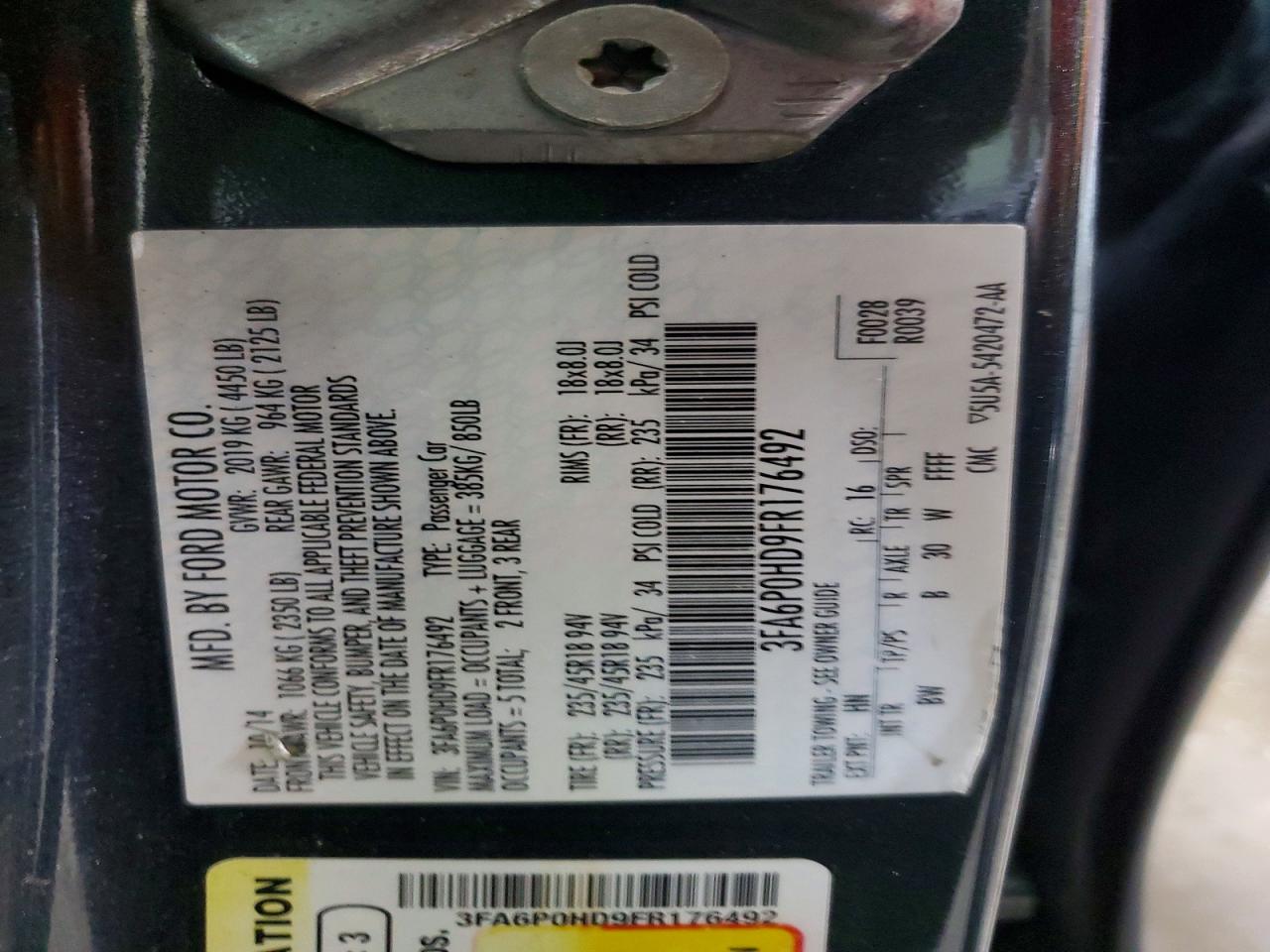 2015 Ford Fusion Se Charcoal vin: 3FA6P0HD9FR176492
