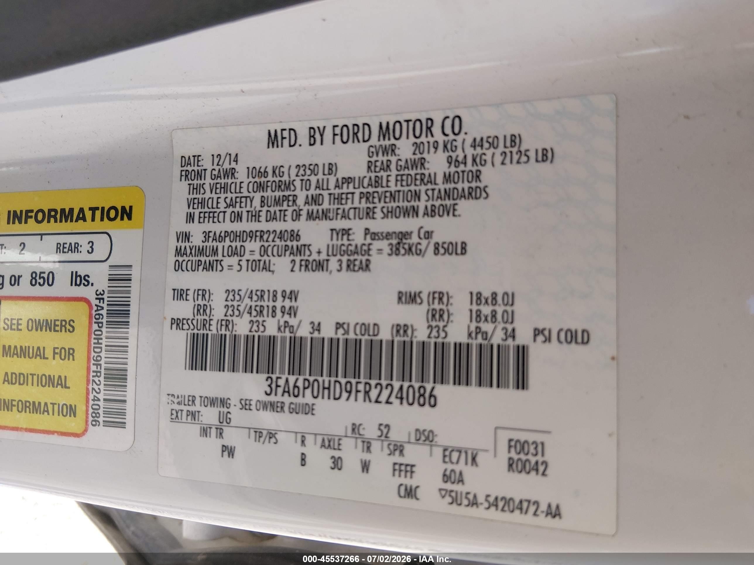 2015 Ford Fusion Se Белый vin: 3FA6P0HD9FR224086