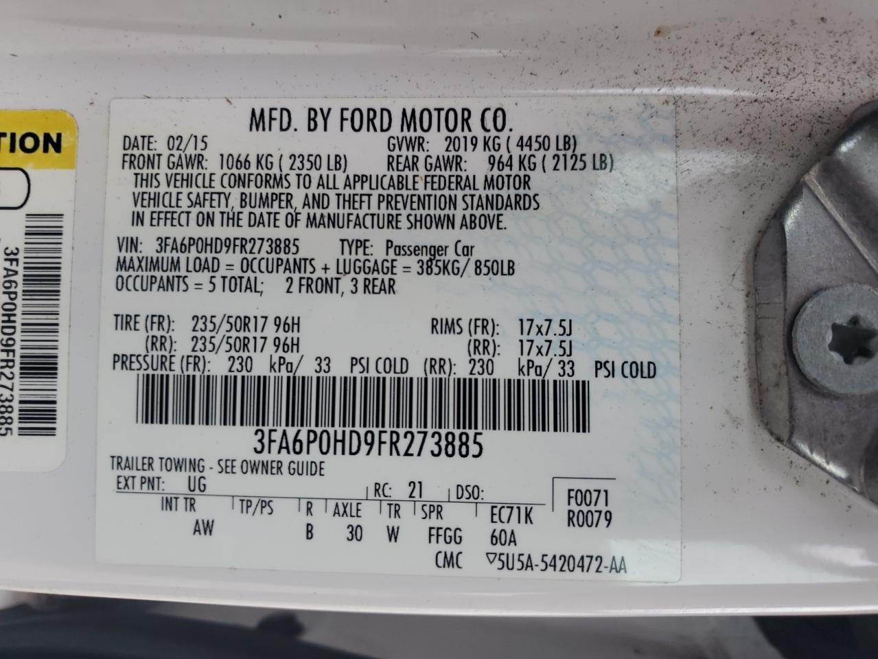 2015 Ford Fusion Se White vin: 3FA6P0HD9FR273885