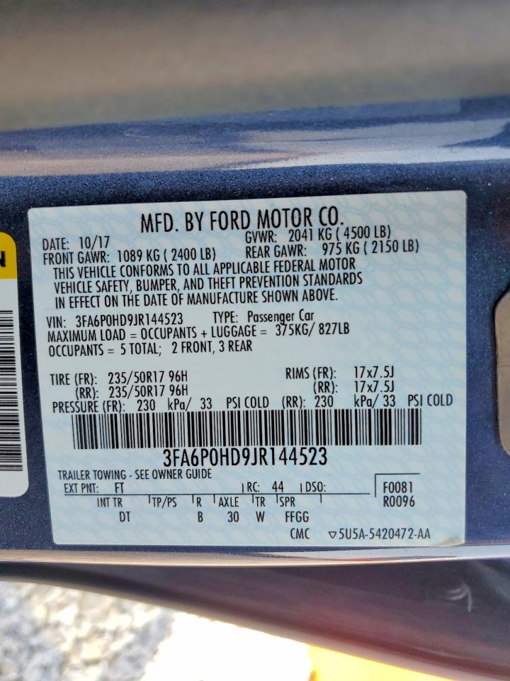 2018 Ford Fusion Se Blue vin: 3FA6P0HD9JR144523