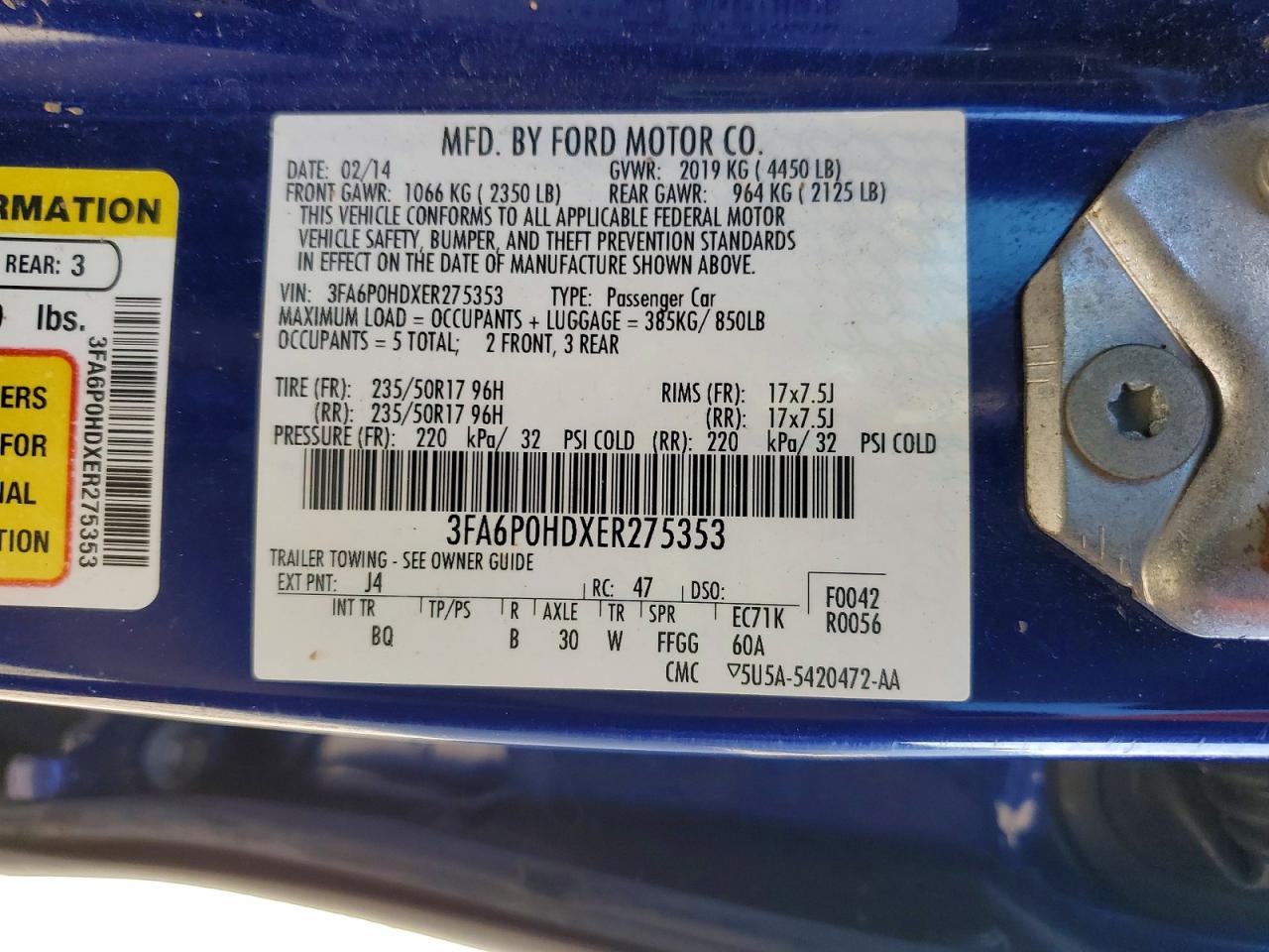 2014 Ford Fusion Se Blue vin: 3FA6P0HDXER275353