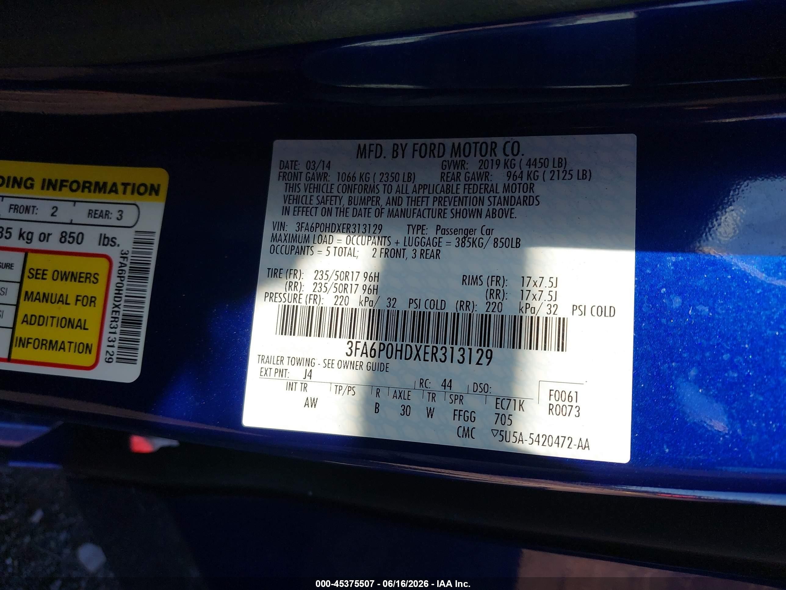 2014 Ford Fusion Se Blue vin: 3FA6P0HDXER313129