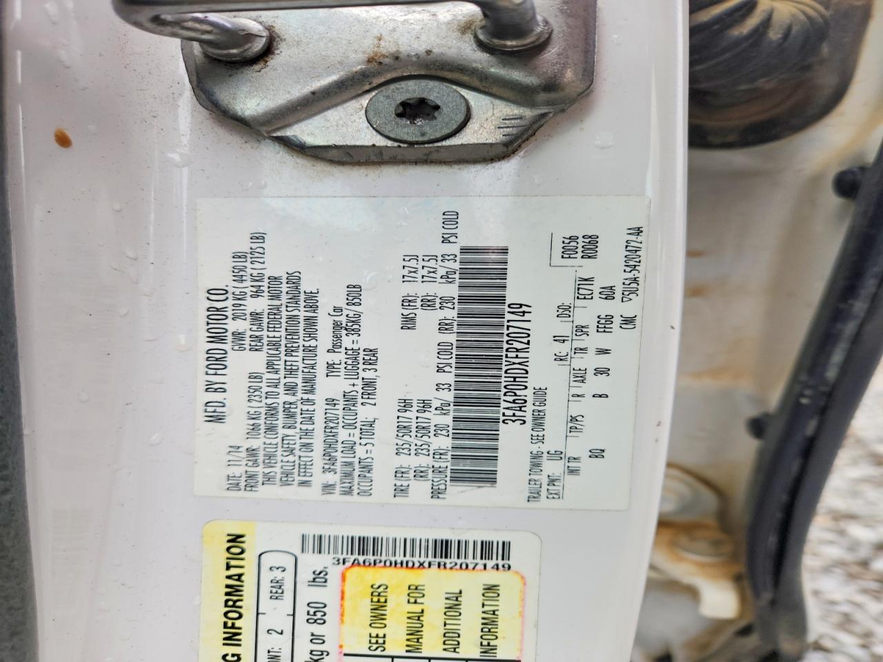 2015 Ford Fusion Se White vin: 3FA6P0HDXFR207149