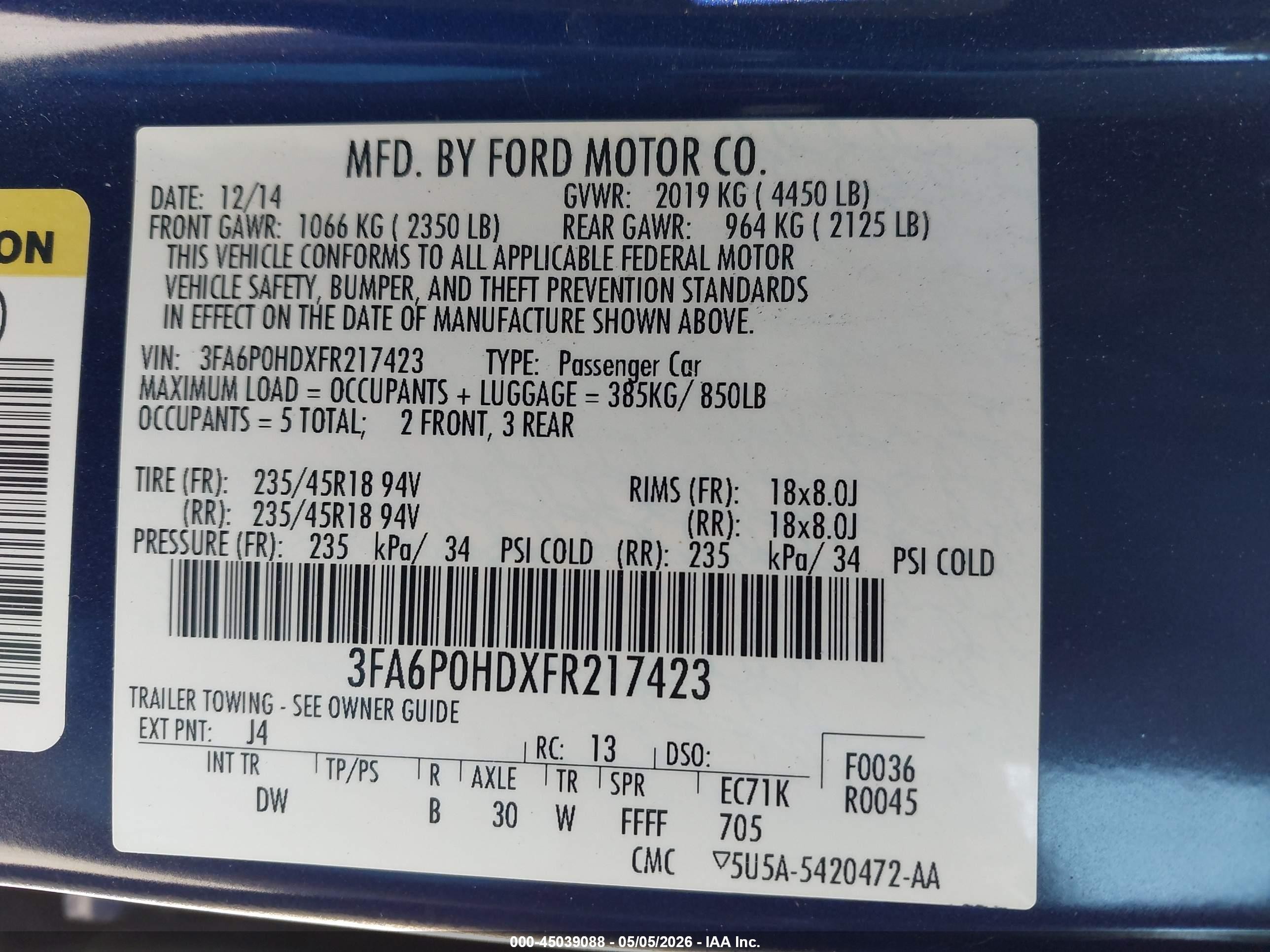 2015 Ford Fusion Se Blue vin: 3FA6P0HDXFR217423