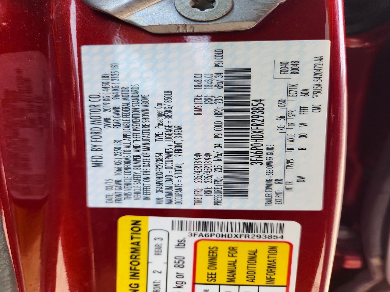 2015 Ford Fusion Se Burgundy vin: 3FA6P0HDXFR293854