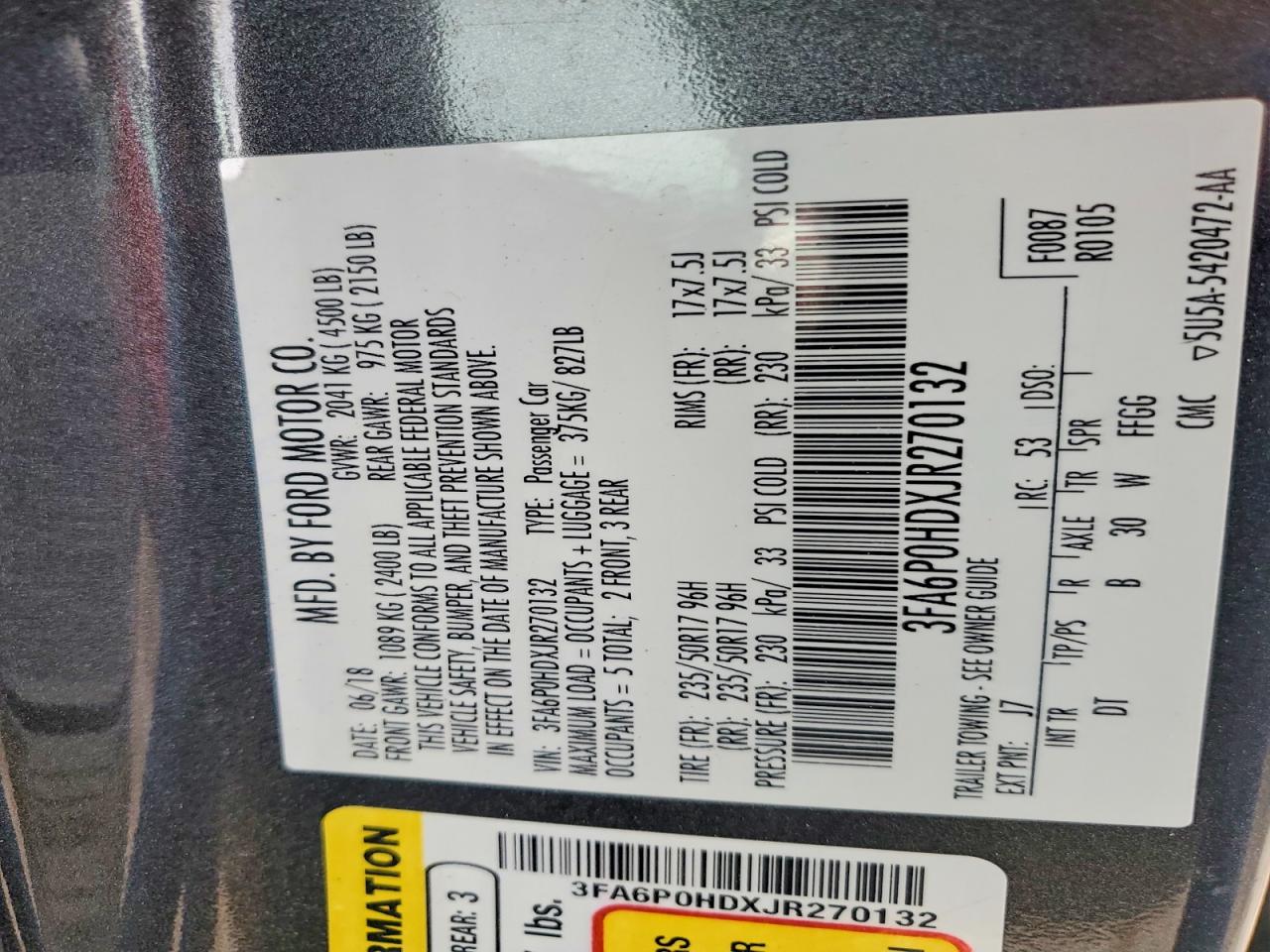 2018 Ford Fusion Se Угольный vin: 3FA6P0HDXJR270132