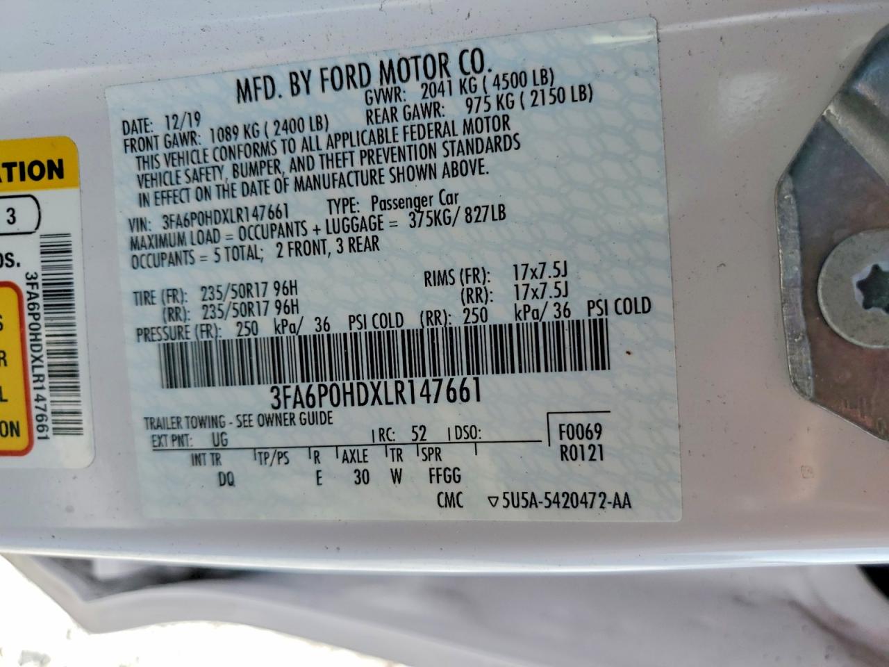 2020 Ford Fusion Se White vin: 3FA6P0HDXLR147661
