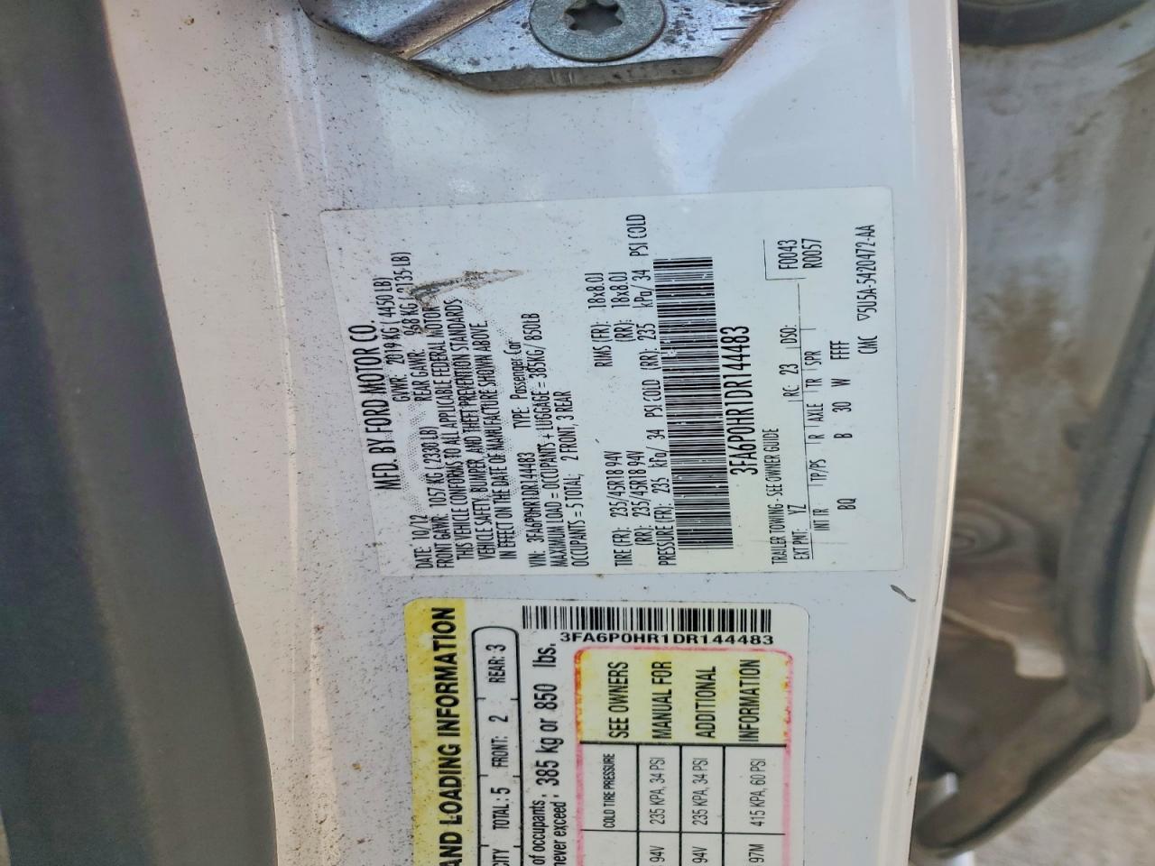2013 Ford Fusion Se White vin: 3FA6P0HR1DR144483