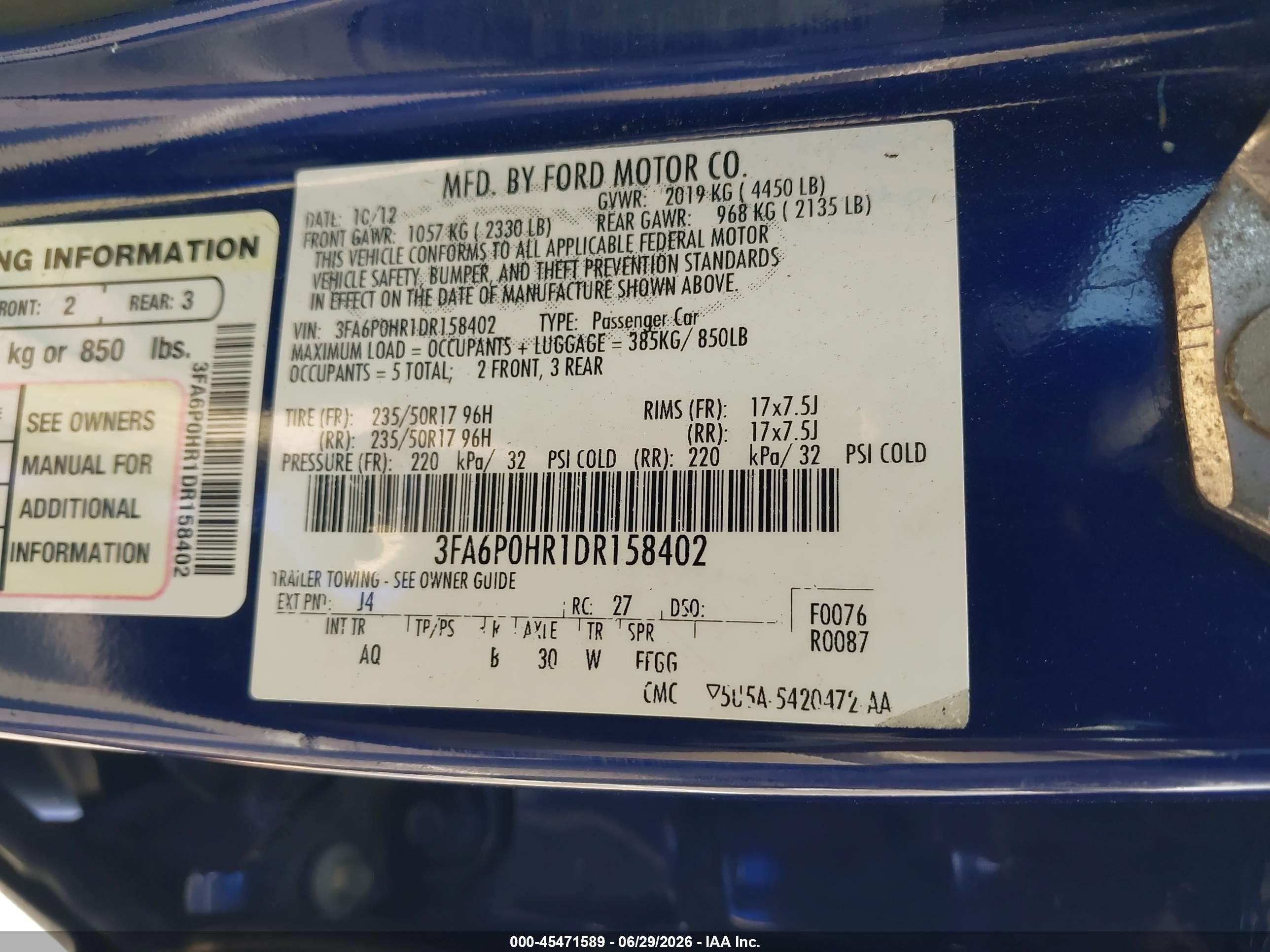 2013 Ford Fusion Se Blue vin: 3FA6P0HR1DR158402