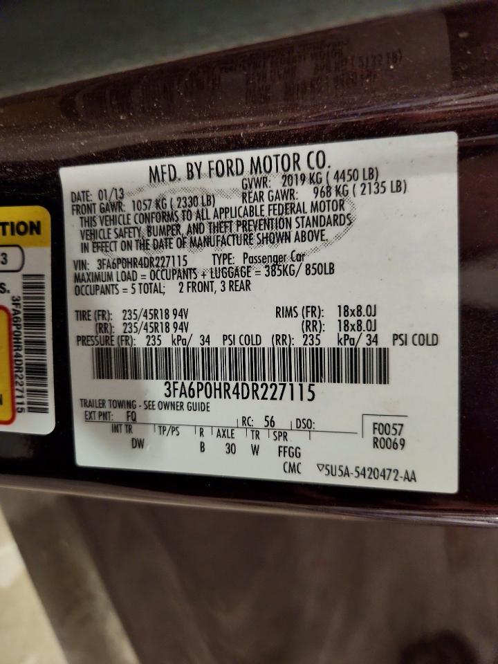 2013 Ford Fusion Se Maroon vin: 3FA6P0HR4DR227115