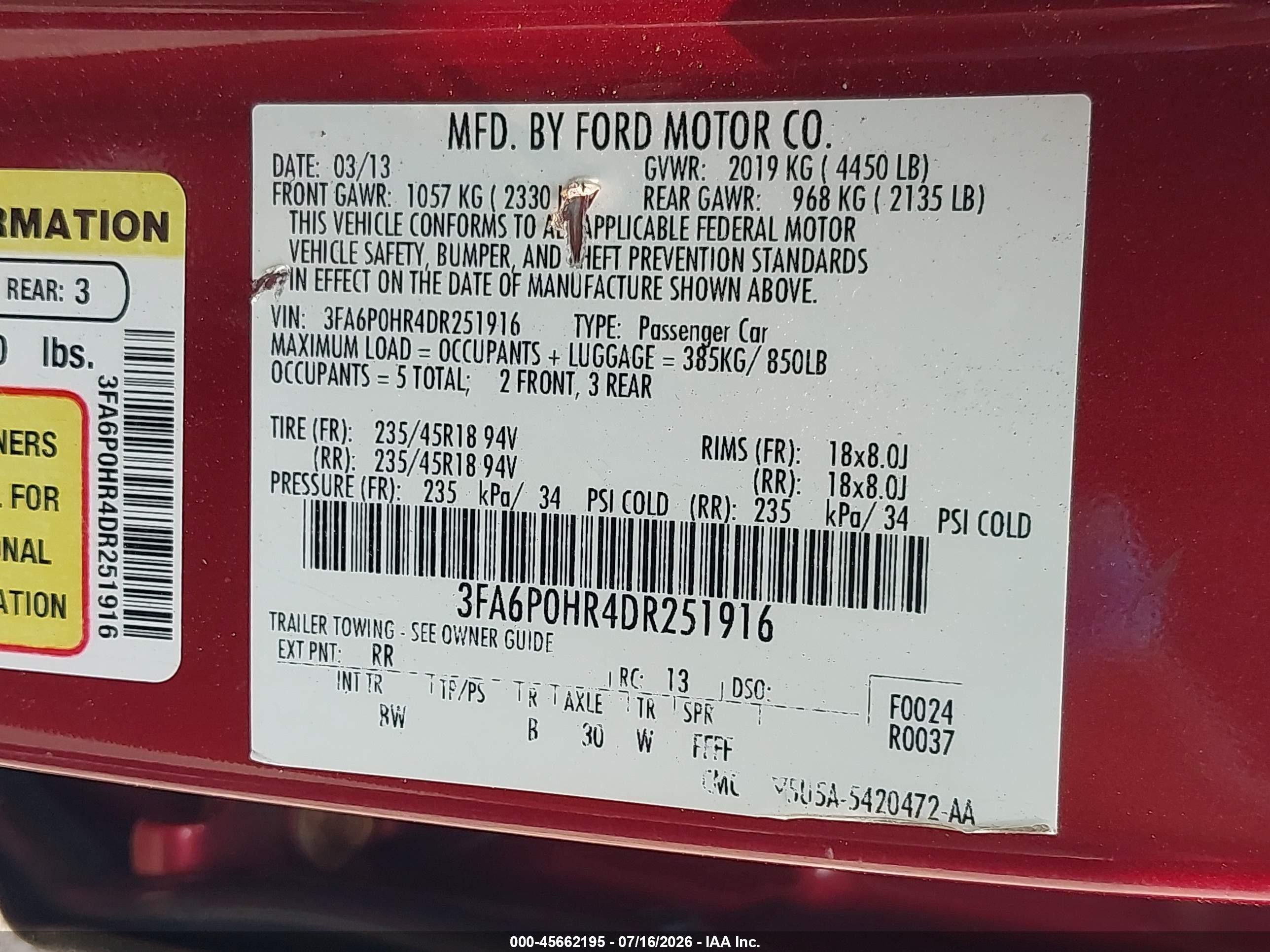 2013 Ford Fusion Se Red vin: 3FA6P0HR4DR251916