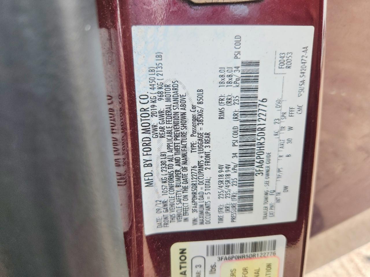 2013 Ford Fusion Se Burgundy vin: 3FA6P0HR5DR122776