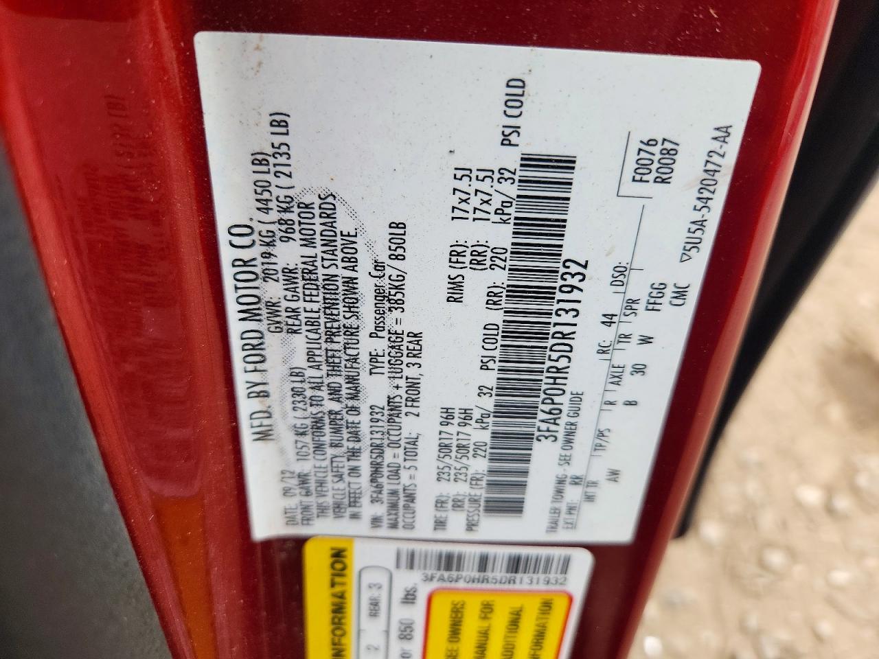 2013 Ford Fusion Se Red vin: 3FA6P0HR5DR131932
