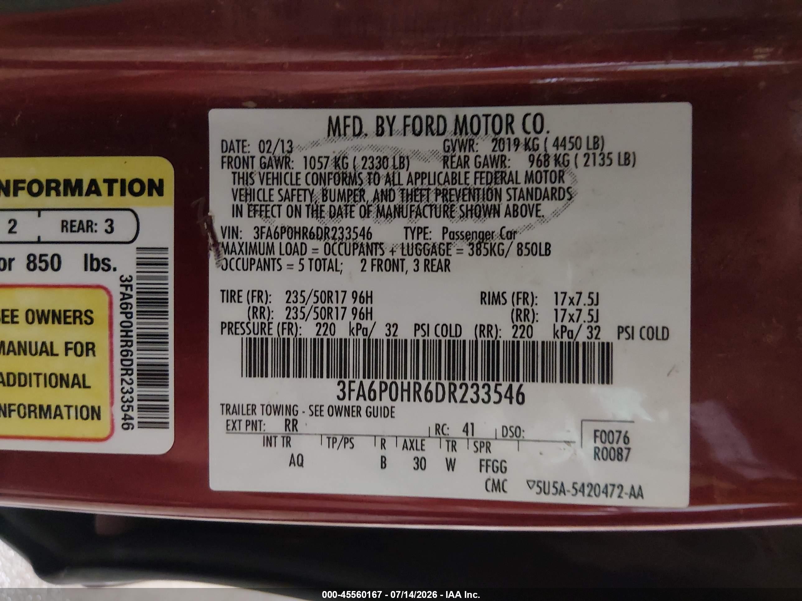 2013 Ford Fusion Se Burgundy vin: 3FA6P0HR6DR233546