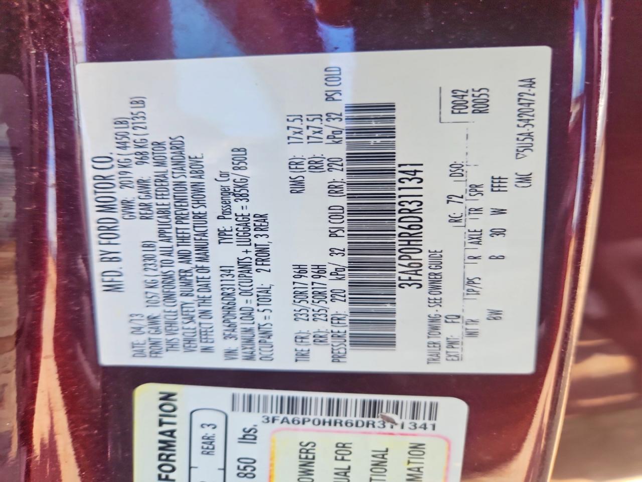 2013 Ford Fusion Se Maroon vin: 3FA6P0HR6DR311341