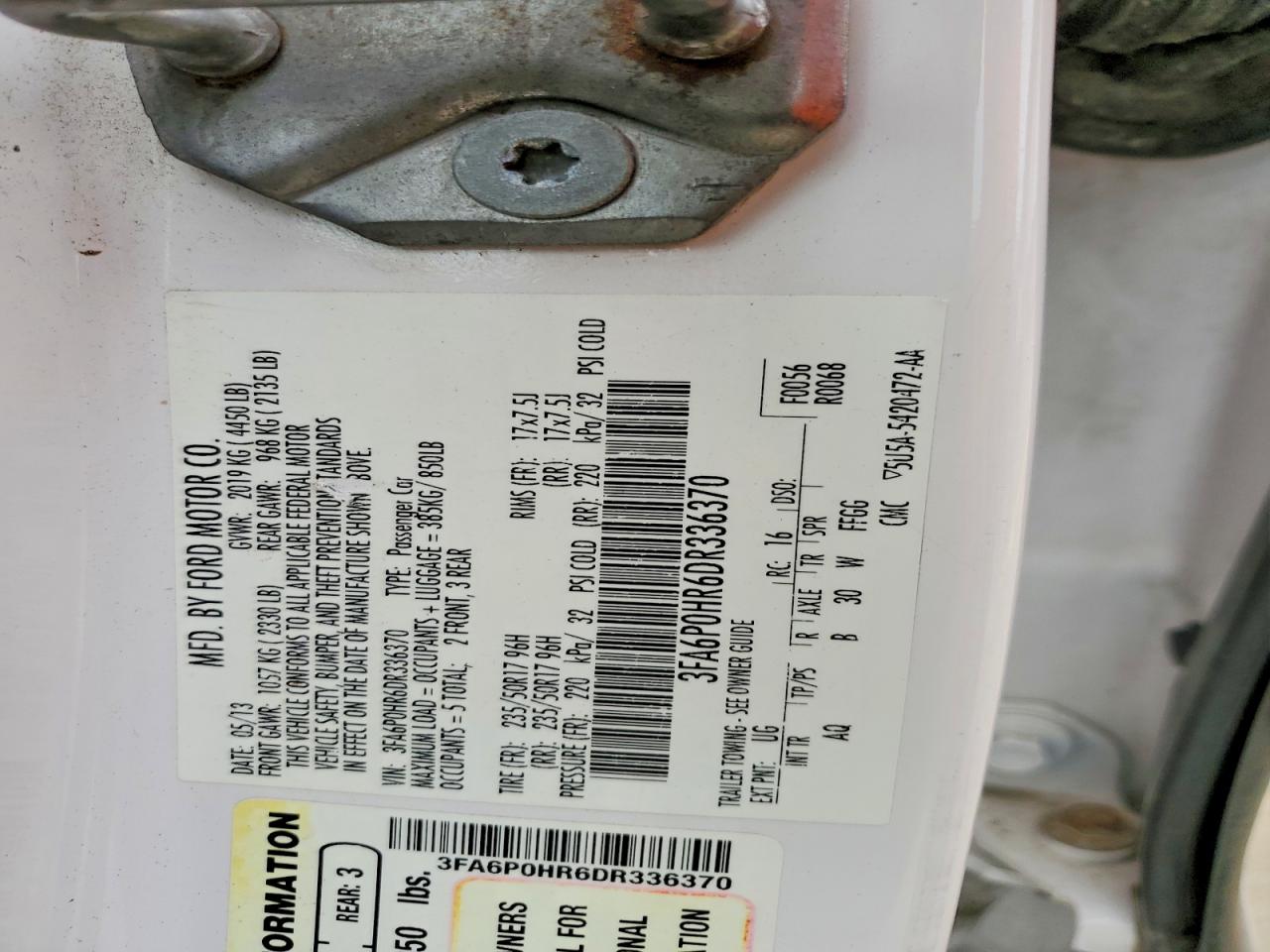 2013 Ford Fusion Se White vin: 3FA6P0HR6DR336370