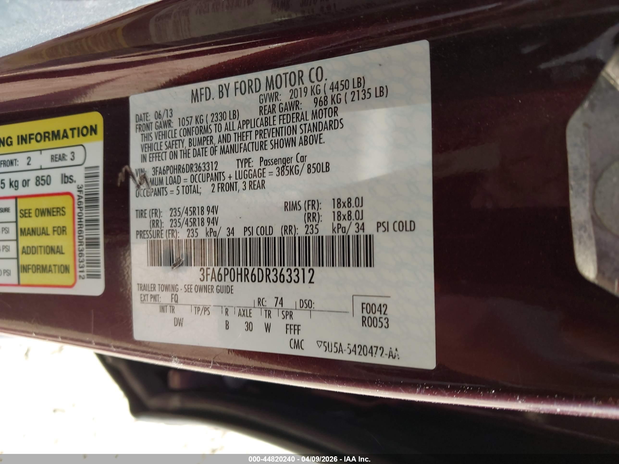 2013 Ford Fusion Se Burgundy vin: 3FA6P0HR6DR363312