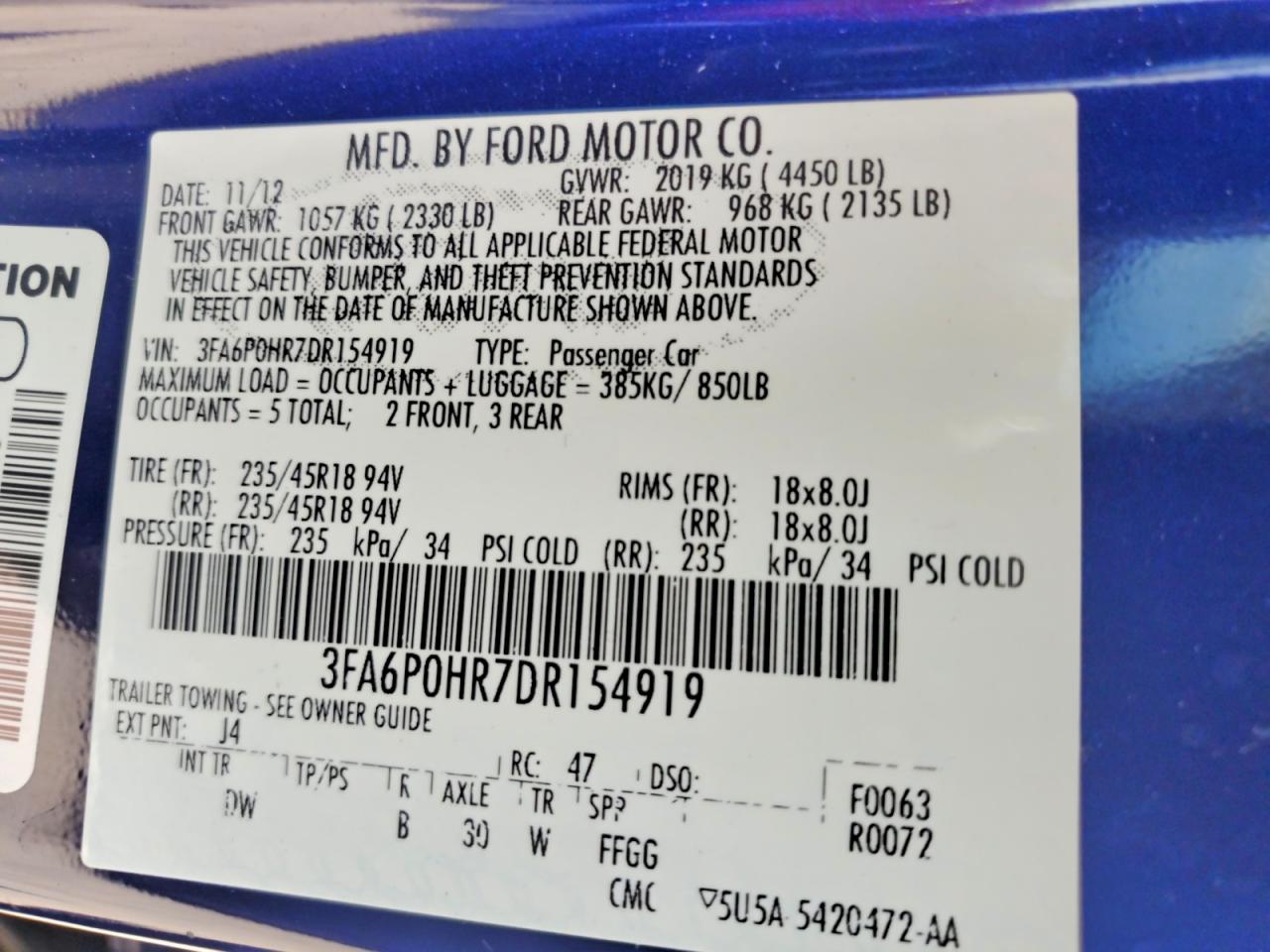 2013 Ford Fusion Se Blue vin: 3FA6P0HR7DR154919