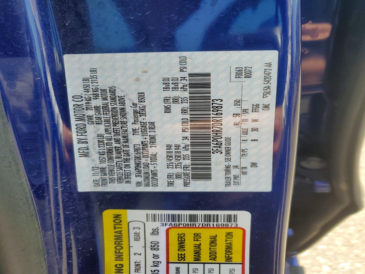 2013 Ford Fusion Se Blue vin: 3FA6P0HR7DR169873
