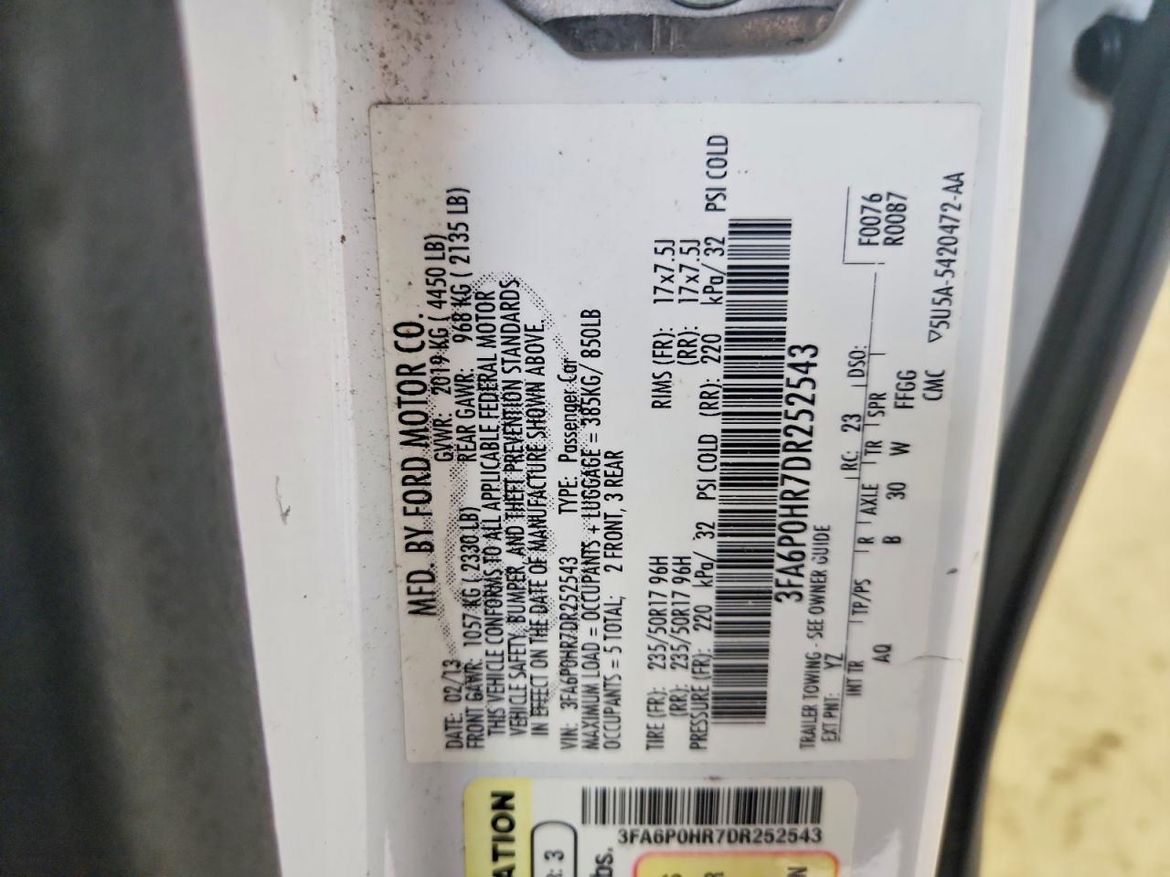 2013 Ford Fusion Se White vin: 3FA6P0HR7DR252543