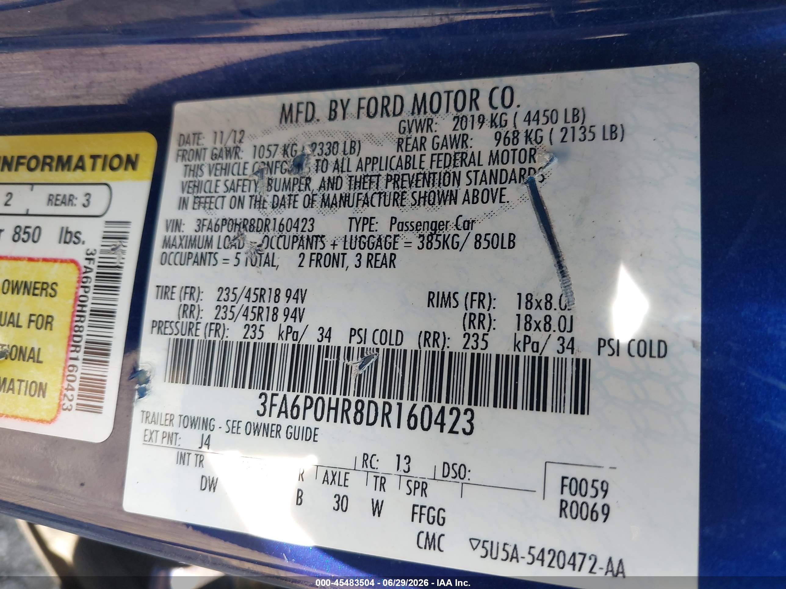 2013 Ford Fusion Se Blue vin: 3FA6P0HR8DR160423