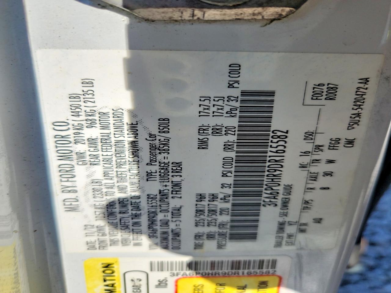 2013 Ford Fusion Se White vin: 3FA6P0HR9DR165582
