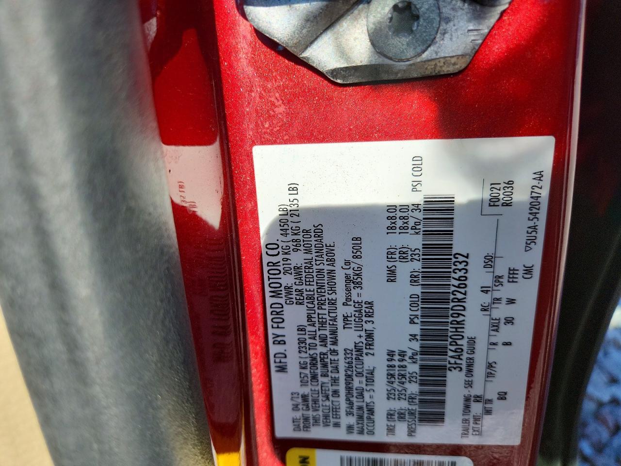 2013 Ford Fusion Se Red vin: 3FA6P0HR9DR266332