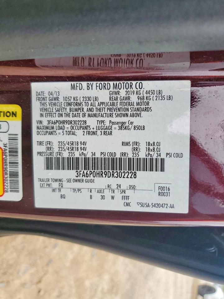 2013 Ford Fusion Se Maroon vin: 3FA6P0HR9DR302228