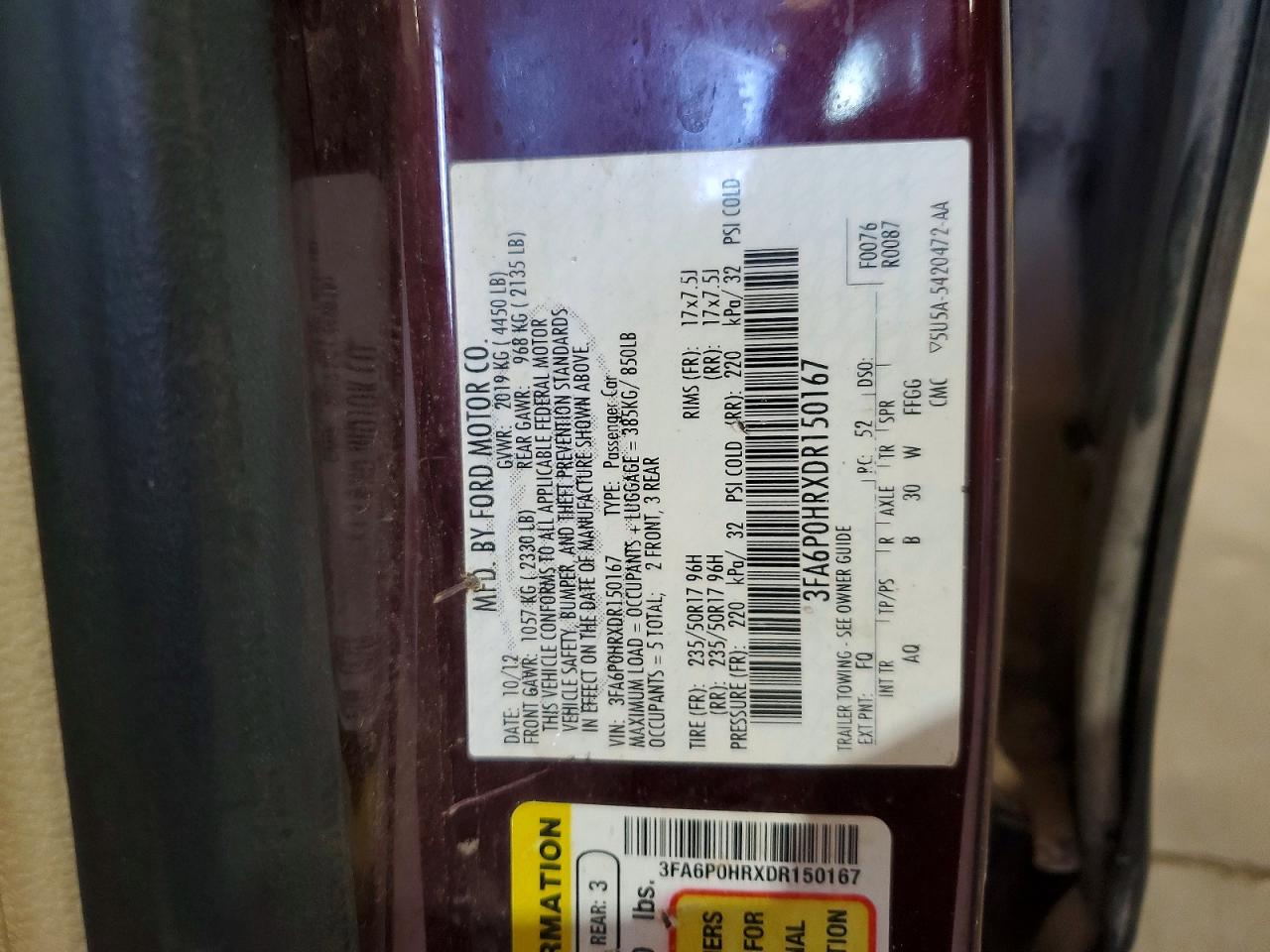 2013 Ford Fusion Se Burgundy vin: 3FA6P0HRXDR150167